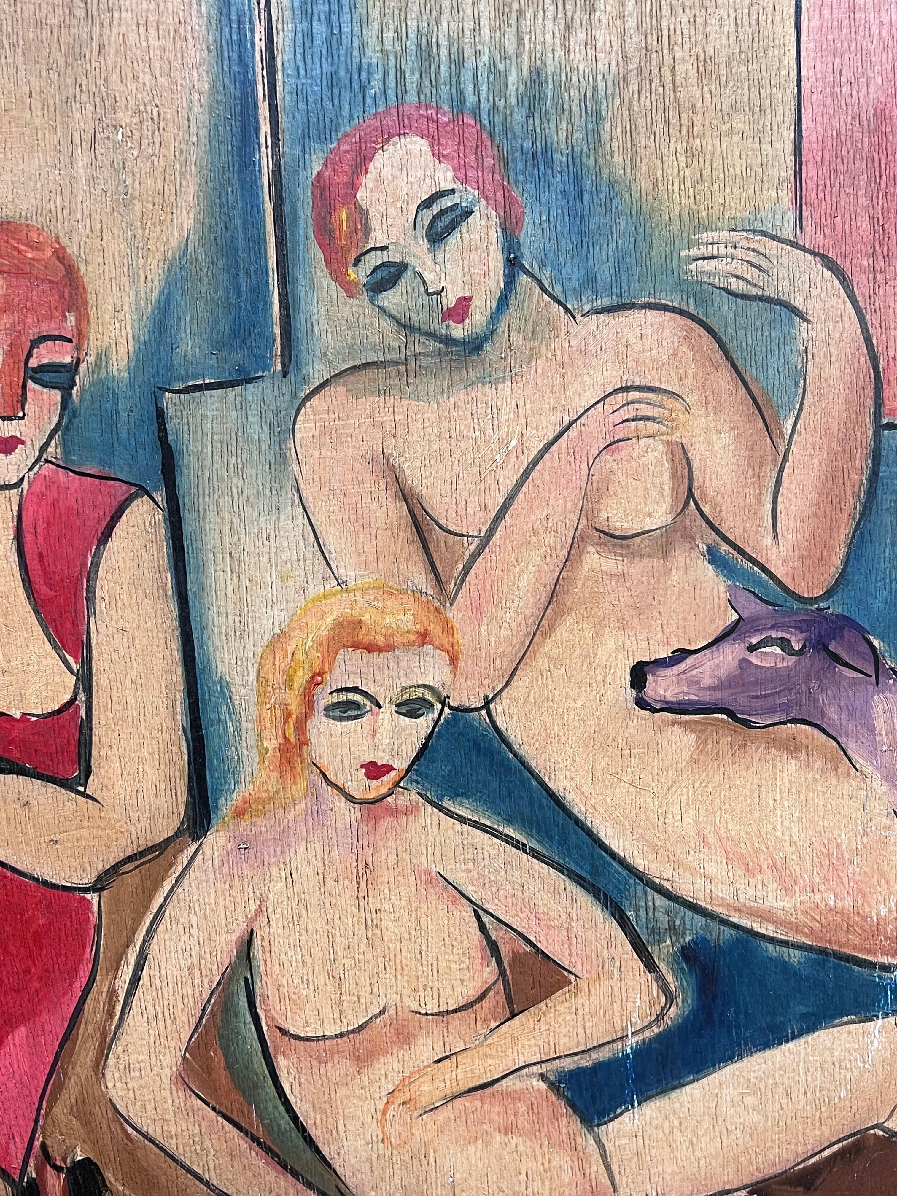 Olio firmato dalla metà del XX secolo, Figura nuda e Ritratto di gruppo e Cane - Figurative Painting Beige di Fauvist School