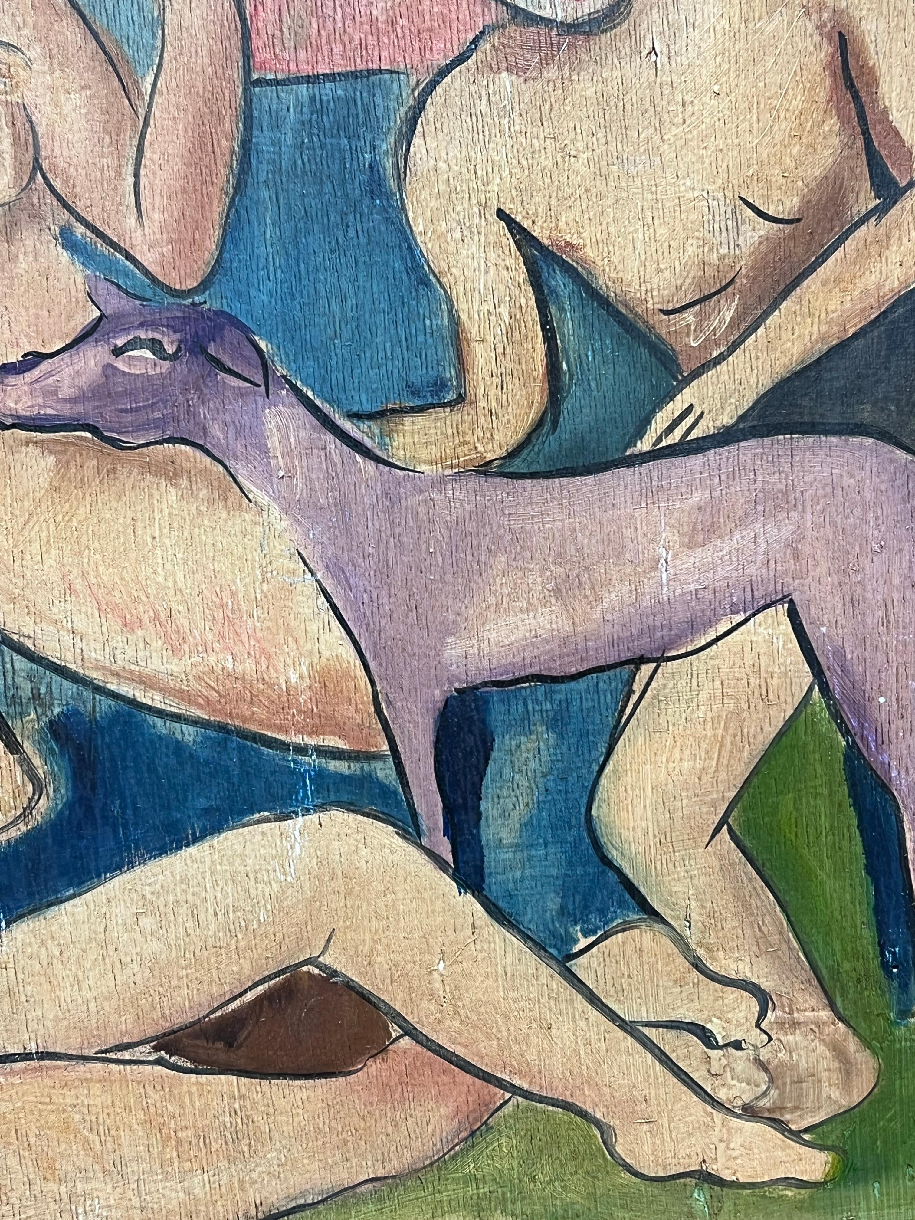 Olio firmato dalla metà del XX secolo, Figura nuda e Ritratto di gruppo e Cane in vendita 2