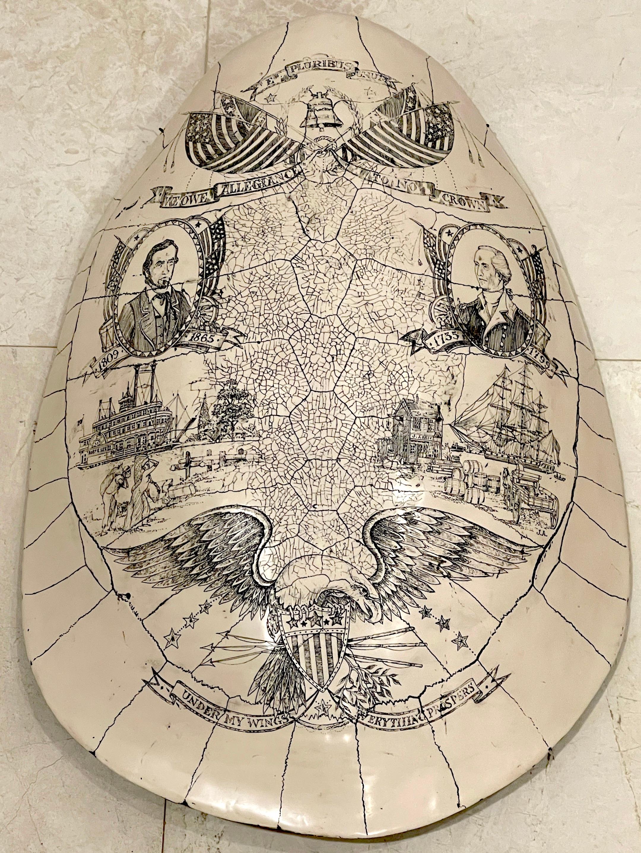 Faux Albino Sea Turtle Shell Scrimshaw with American Historical Vignettes 
Circa 1980s, Simulated Tortoiseshell  

The faux albino sea turtle shell scrimshaw sculpture is a unique and visually striking piece, created in the later 20th century to