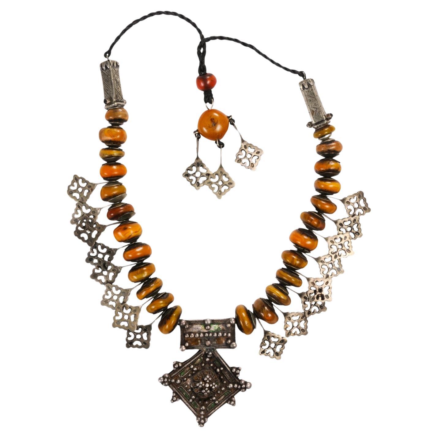 Faux Amber Bead & Silver Necklace For Sale