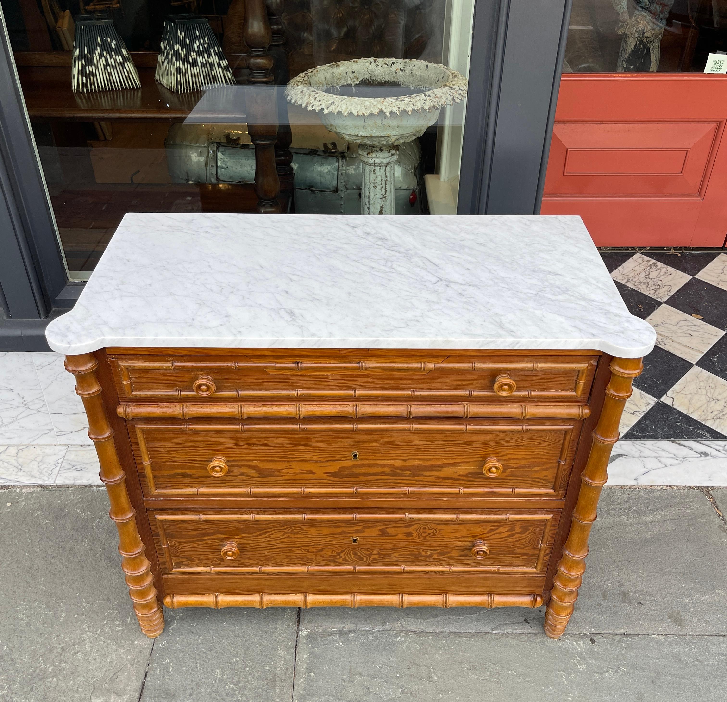 European Faux bamboo 3 drawer chest with marble top