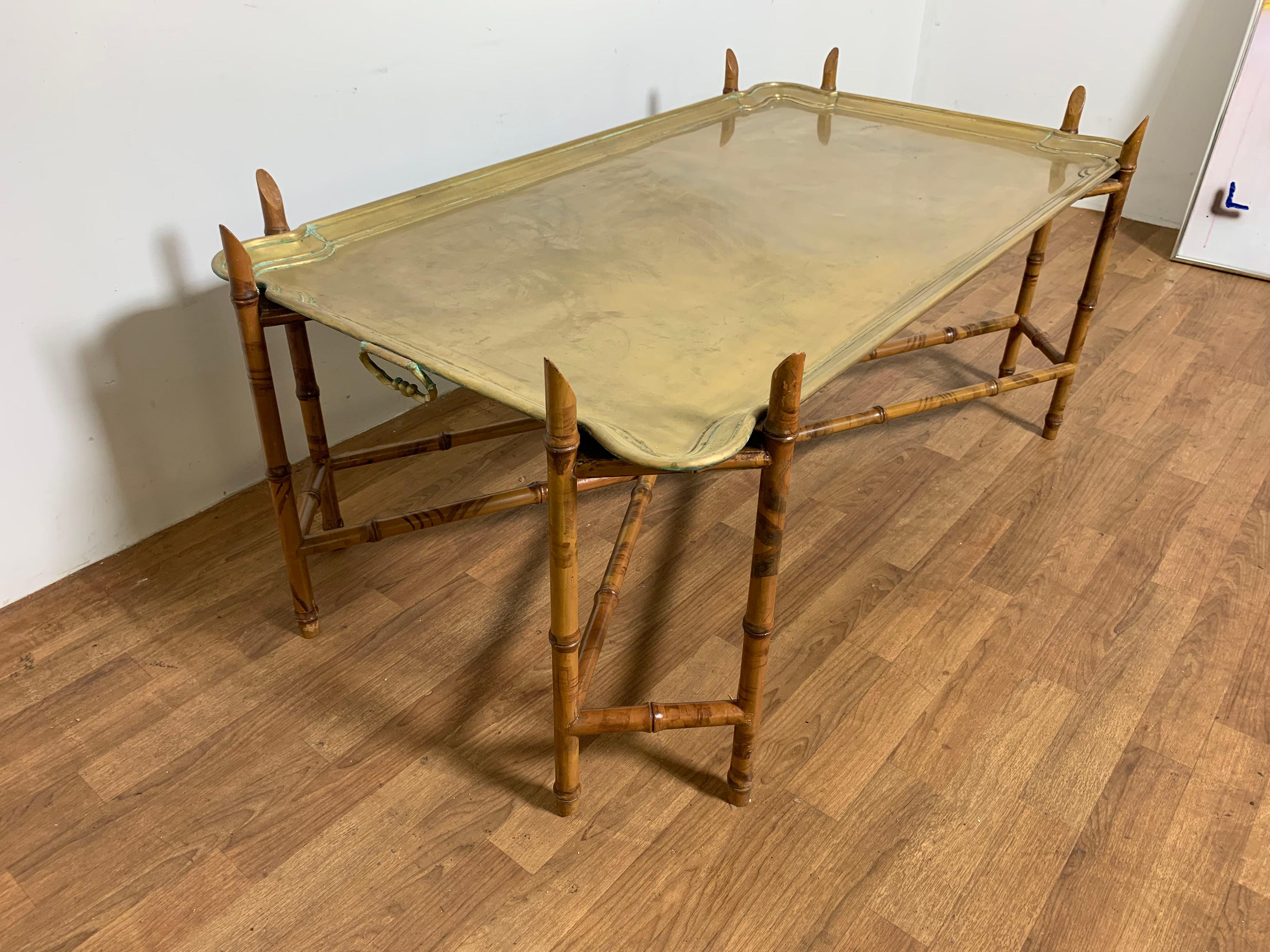 Mid-20th Century Faux Bamboo and Brass English Regency Style Coffee Table, Ca. 1950s