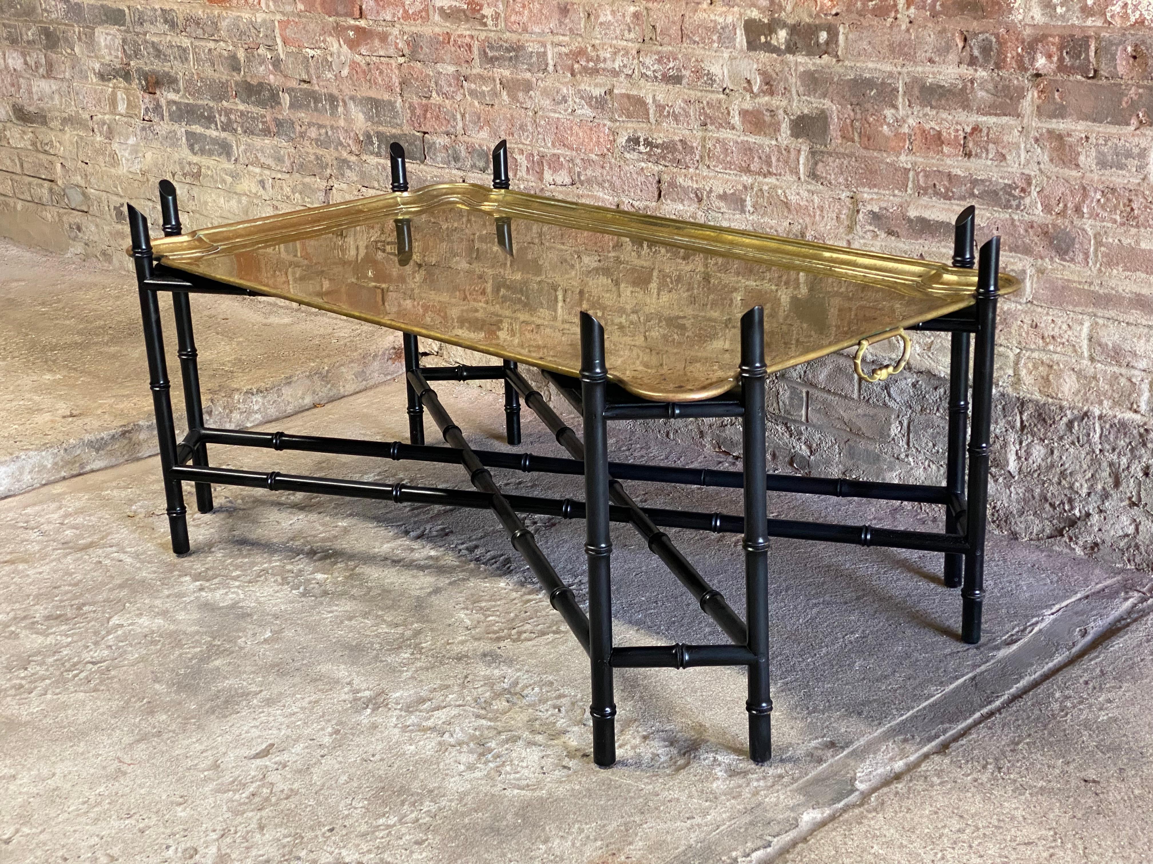 Ebonized Faux Bamboo and Brass Tray Coffee Table