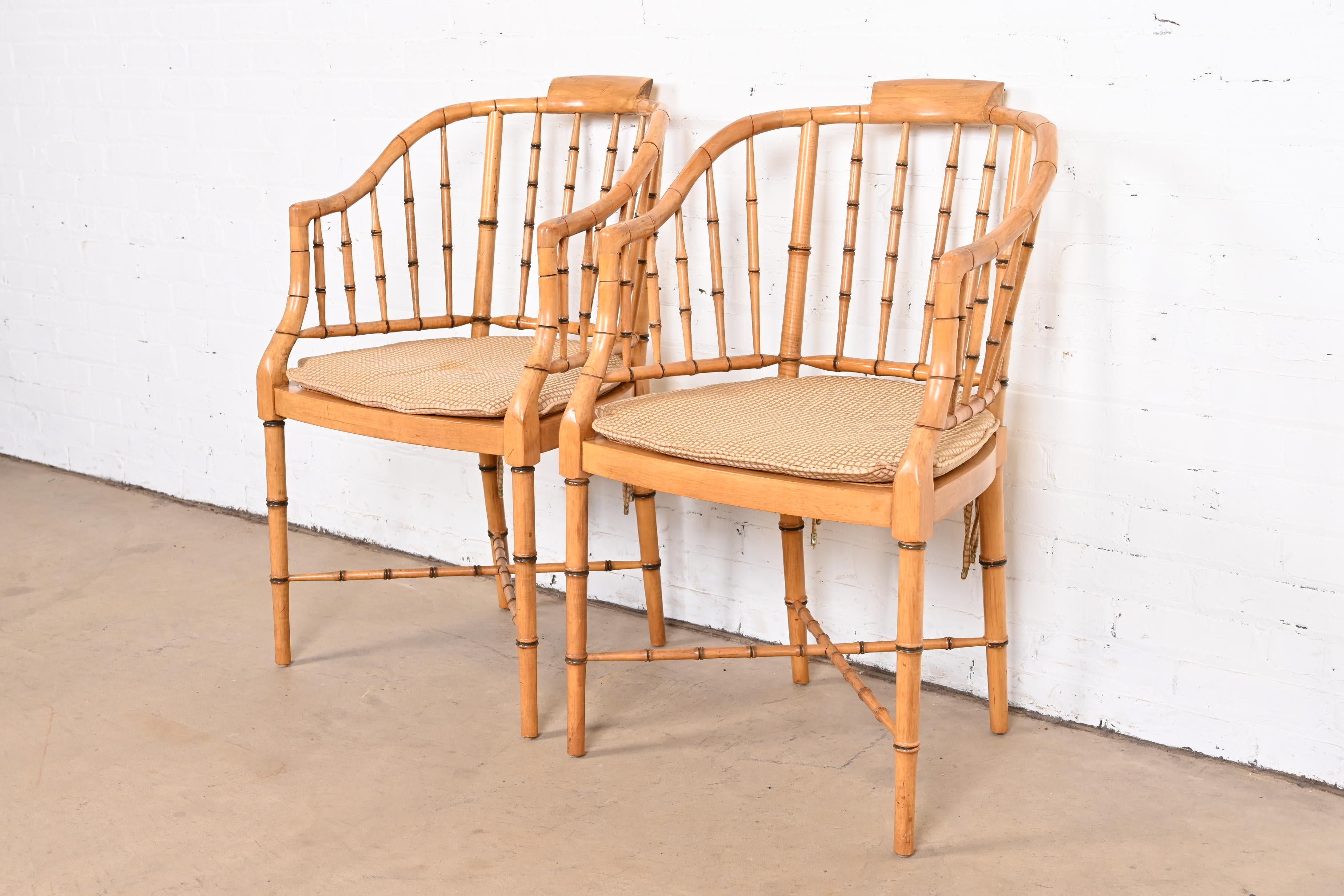 Faux Bamboo and Cane Regency Tub Armchairs Attributed to Baker Furniture, Pair 4