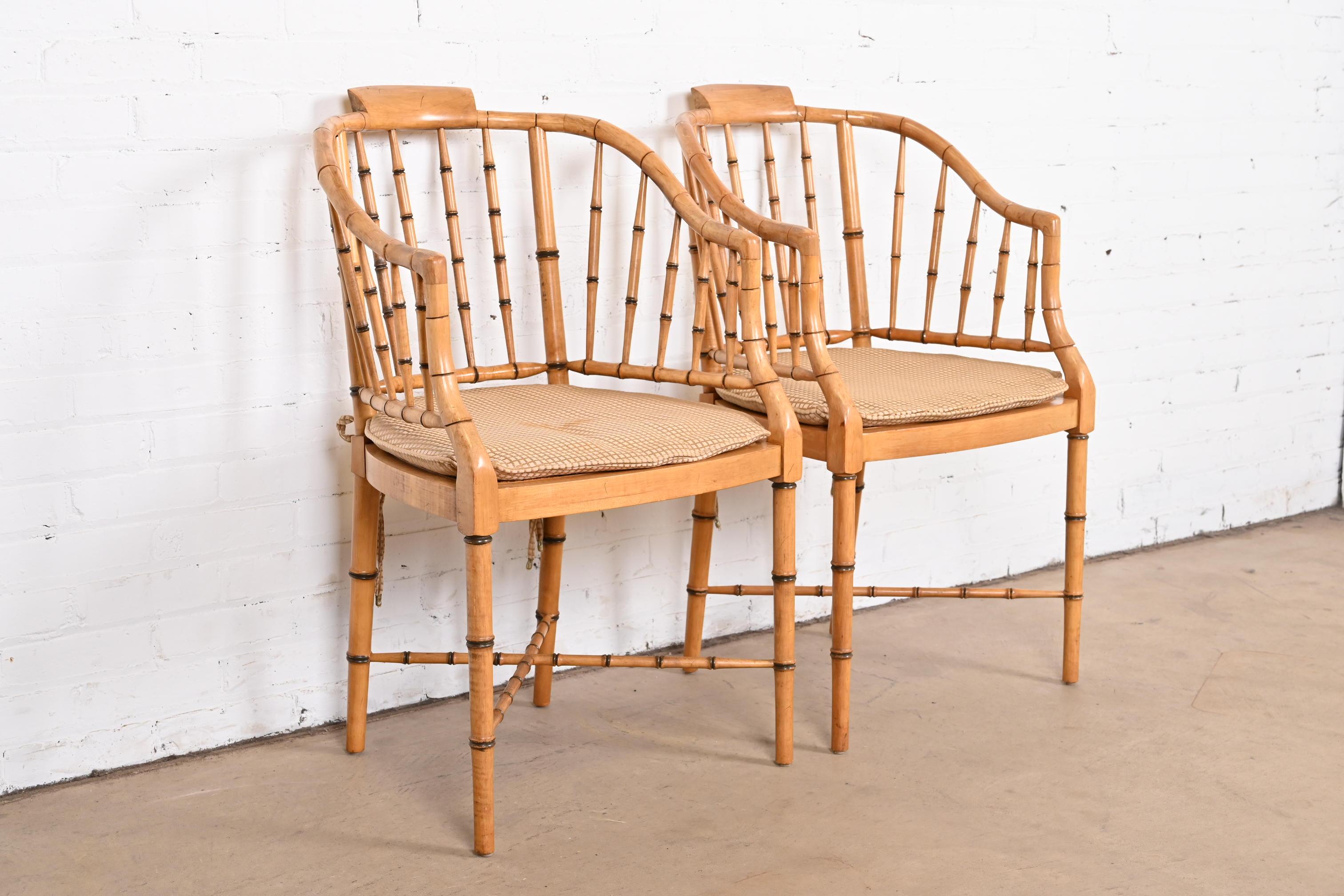 Faux Bamboo and Cane Regency Tub Armchairs Attributed to Baker Furniture, Pair 6