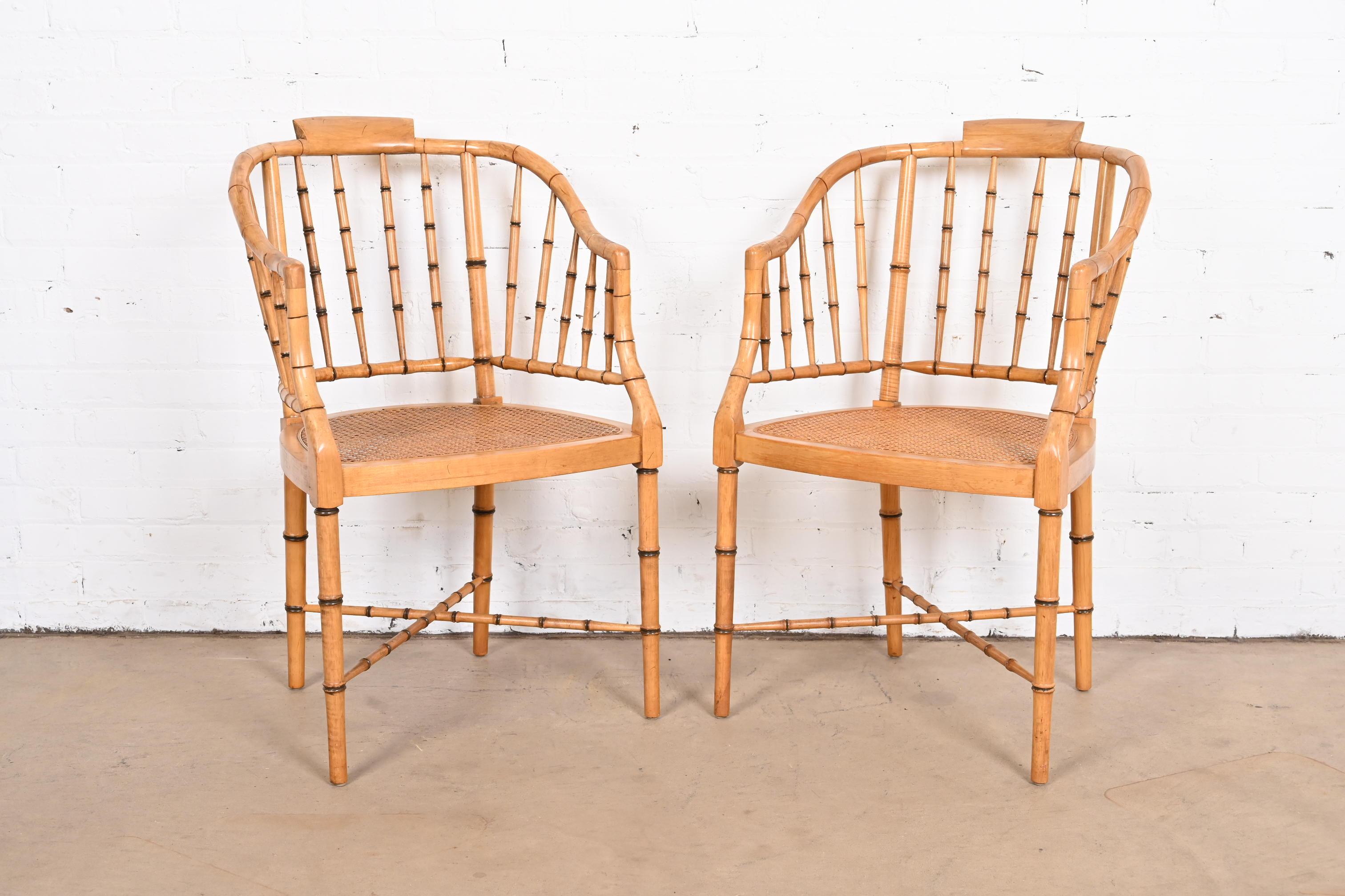 American Faux Bamboo and Cane Regency Tub Armchairs Attributed to Baker Furniture, Pair