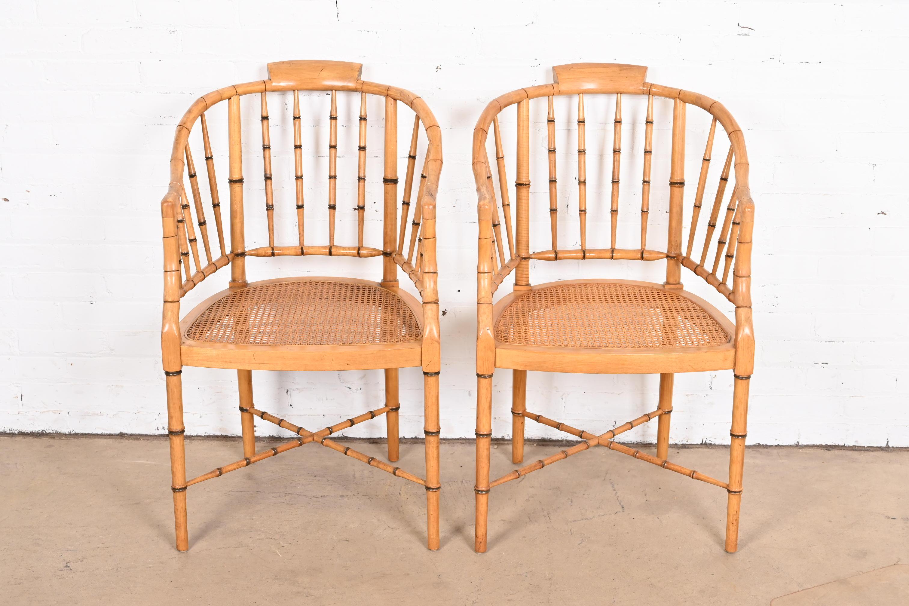 Faux Bamboo and Cane Regency Tub Armchairs Attributed to Baker Furniture, Pair In Good Condition In South Bend, IN