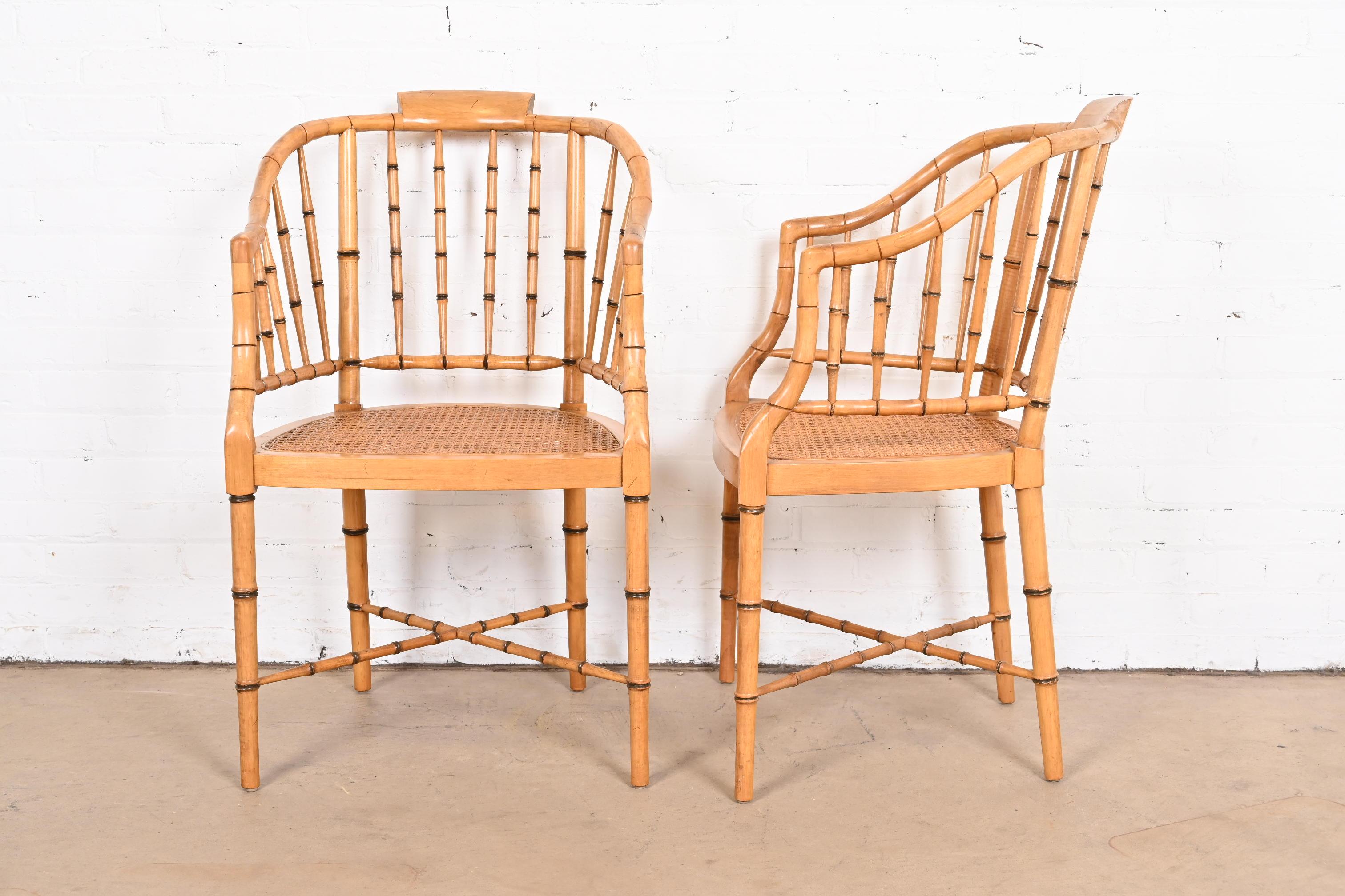 Mid-20th Century Faux Bamboo and Cane Regency Tub Armchairs Attributed to Baker Furniture, Pair