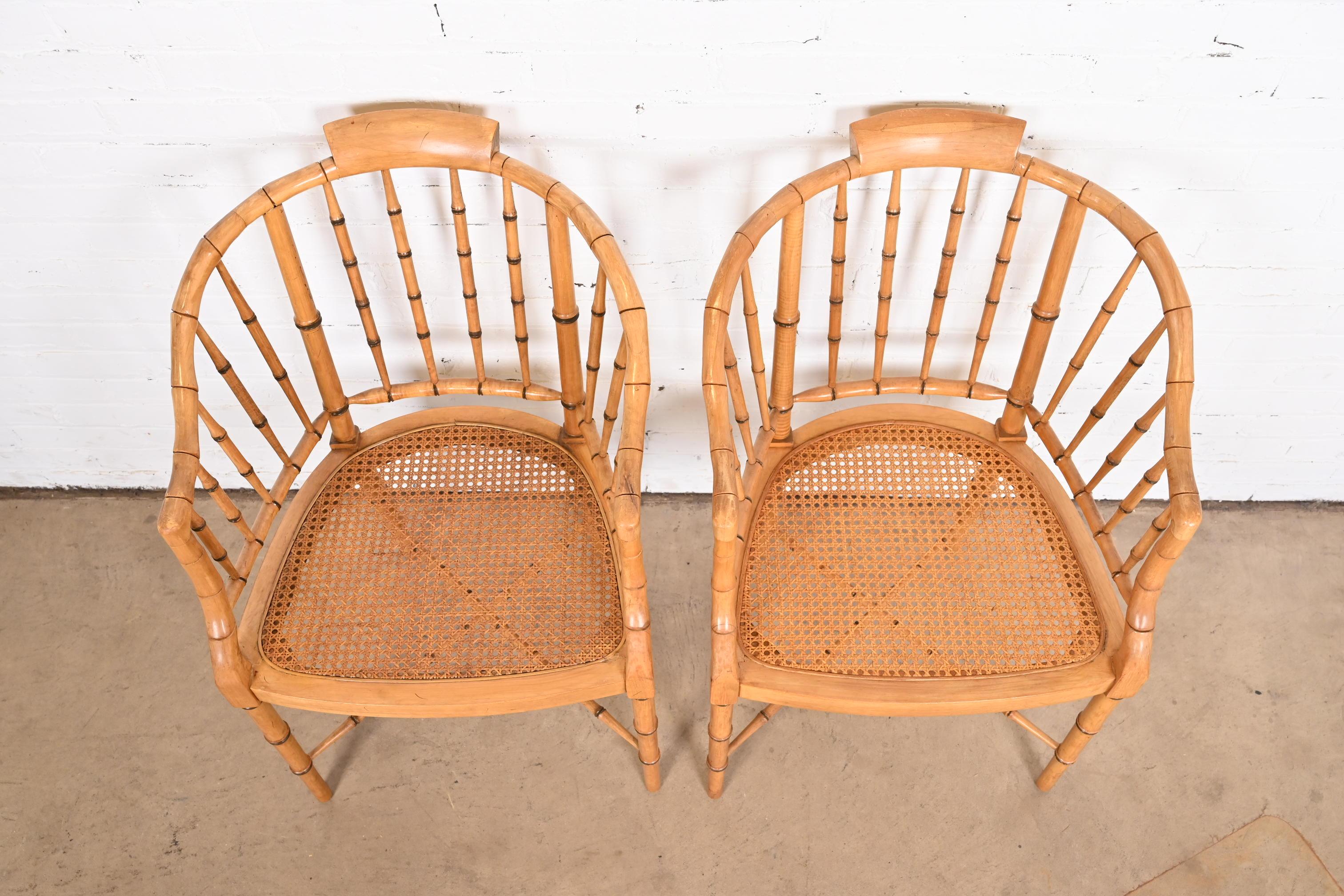 Upholstery Faux Bamboo and Cane Regency Tub Armchairs Attributed to Baker Furniture, Pair