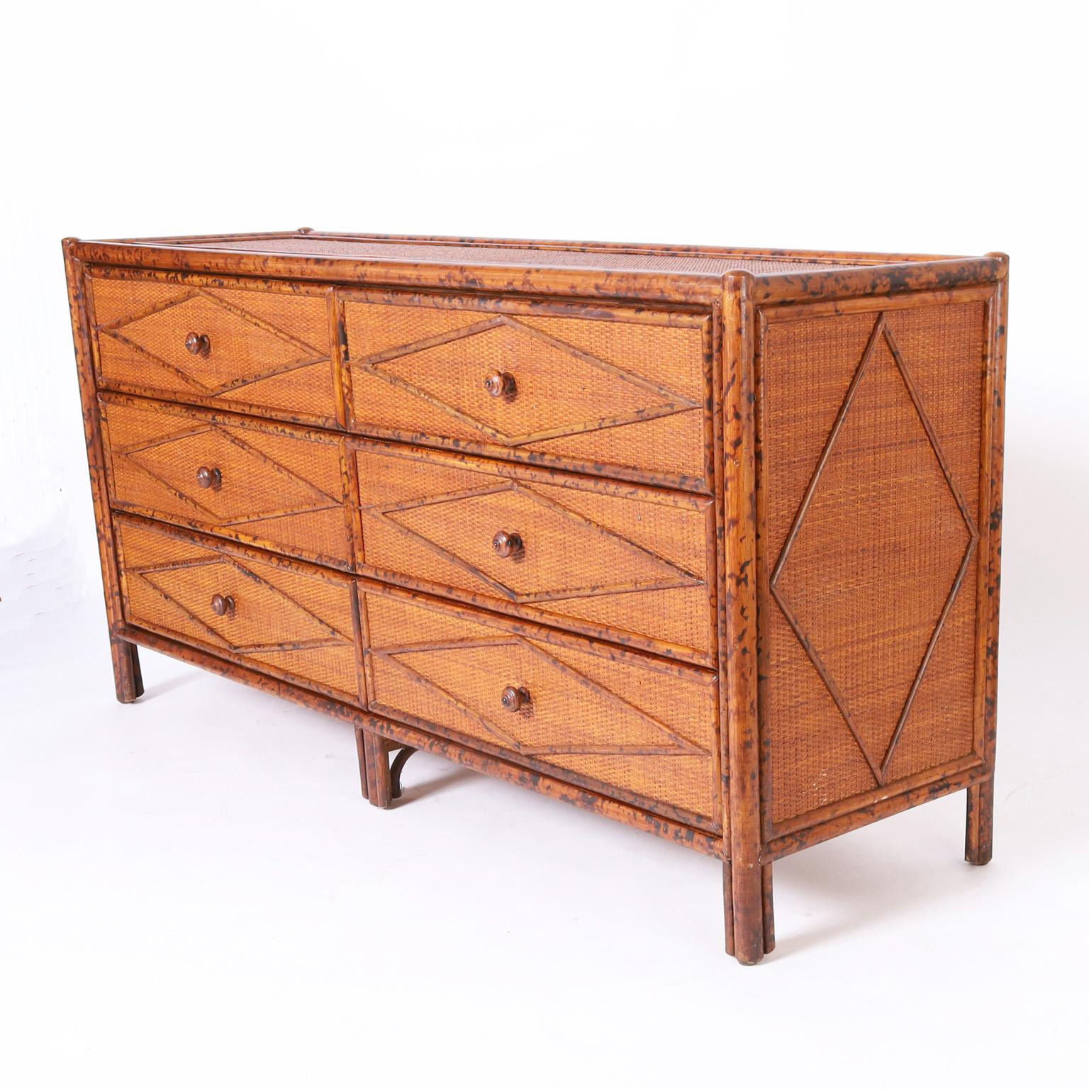 British Colonial Faux Bamboo and Grasscloth Chest or Dresser For Sale