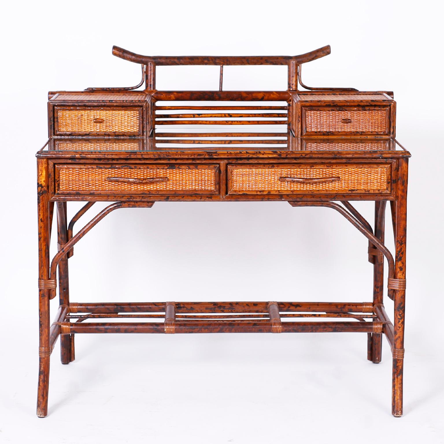 British Colonial Faux Bamboo and Grasscloth Desk and Chair