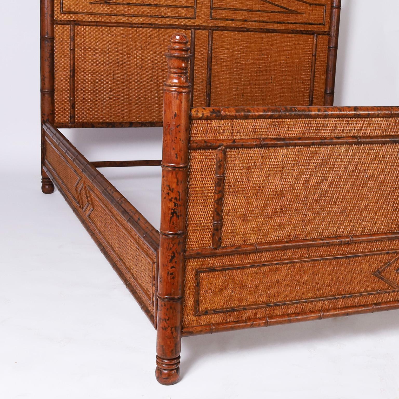 British Colonial Faux Bamboo and Grasscloth Queen Bed Frame