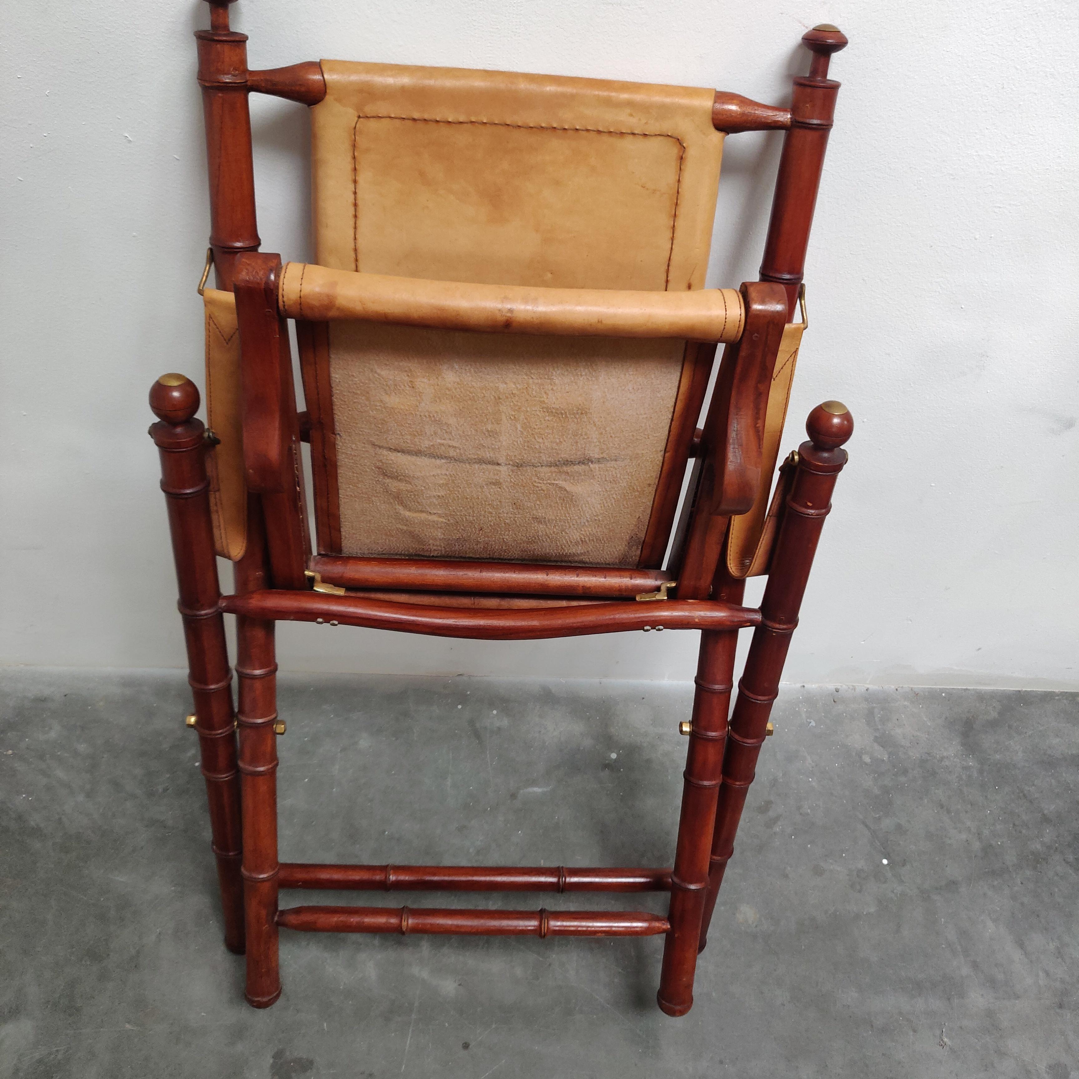 Faux Bamboo and leather folding officer safari chair. For Sale 1