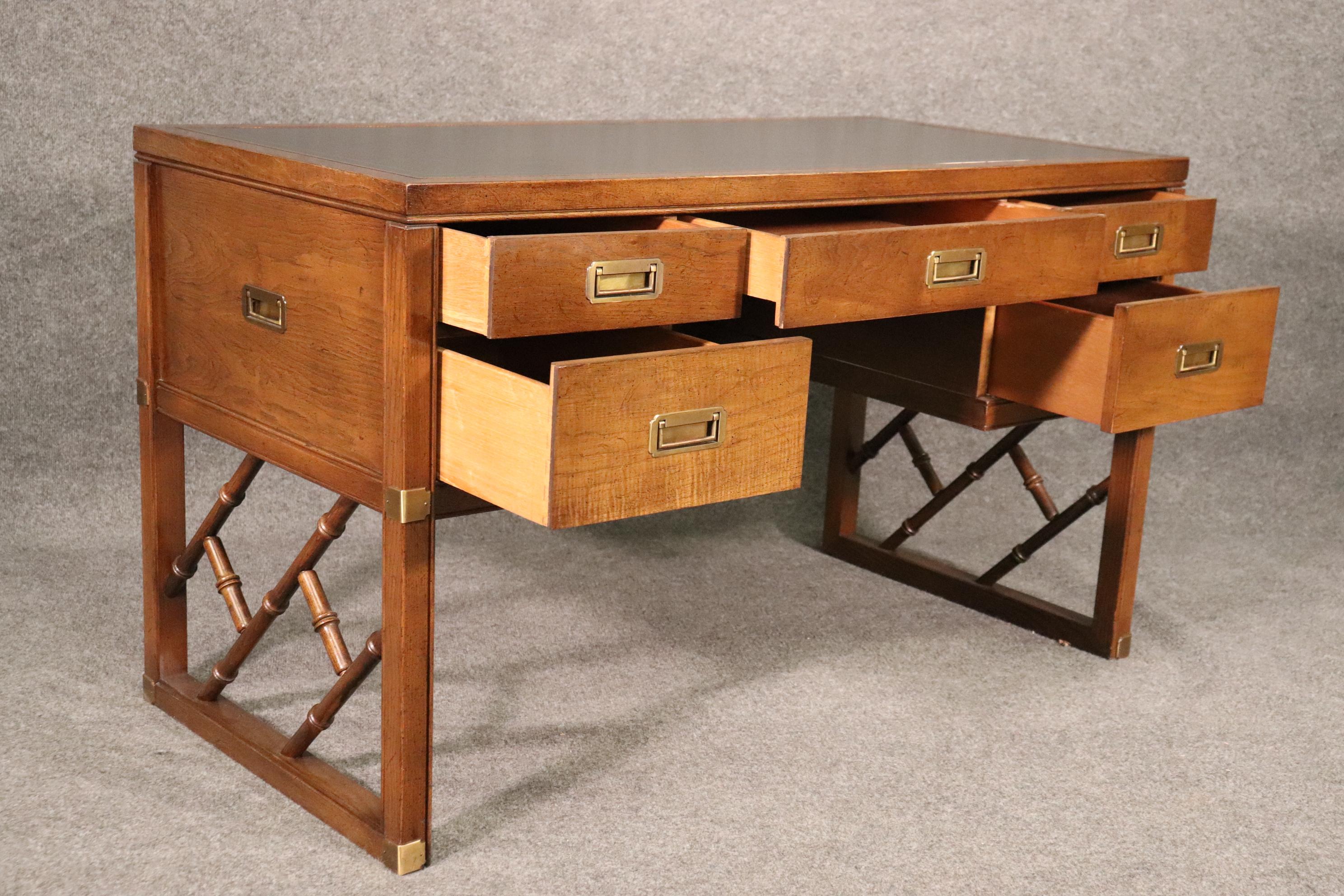 Late 20th Century Faux Bamboo and Leather Top Sligh Writing Campaign Style Executive Desk
