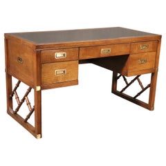 Retro Faux Bamboo and Leather Top Sligh Writing Campaign Style Executive Desk