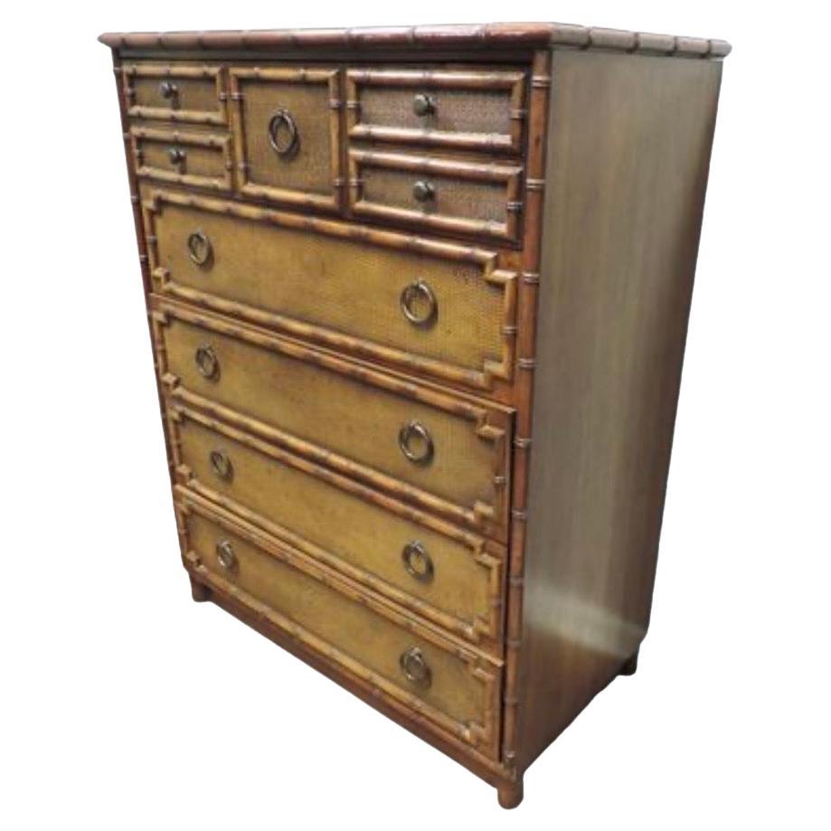 Commode haute de chambre à coucher vintage en faux bambou et rotin de Drexel Bedroom Furniture