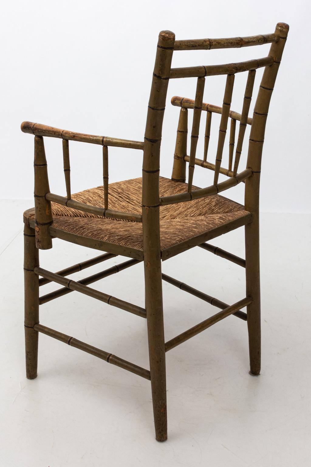 Faux Bamboo Armchair with Rush Seat In Good Condition In Stamford, CT