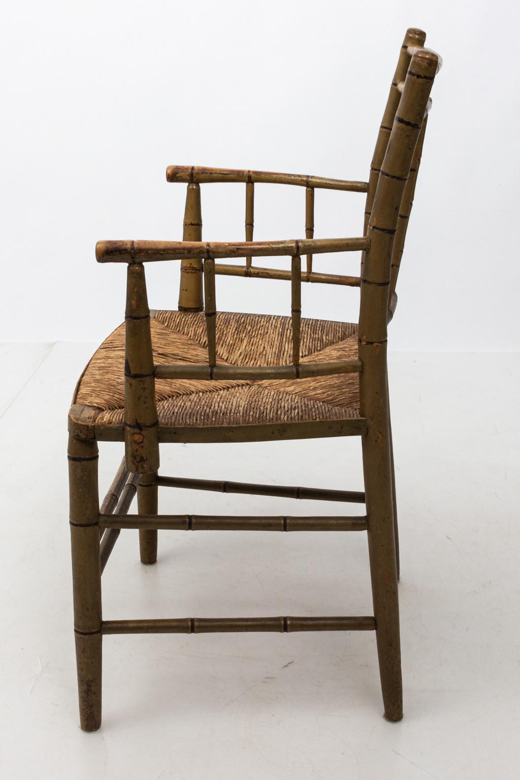 20th Century Faux Bamboo Armchair with Rush Seat