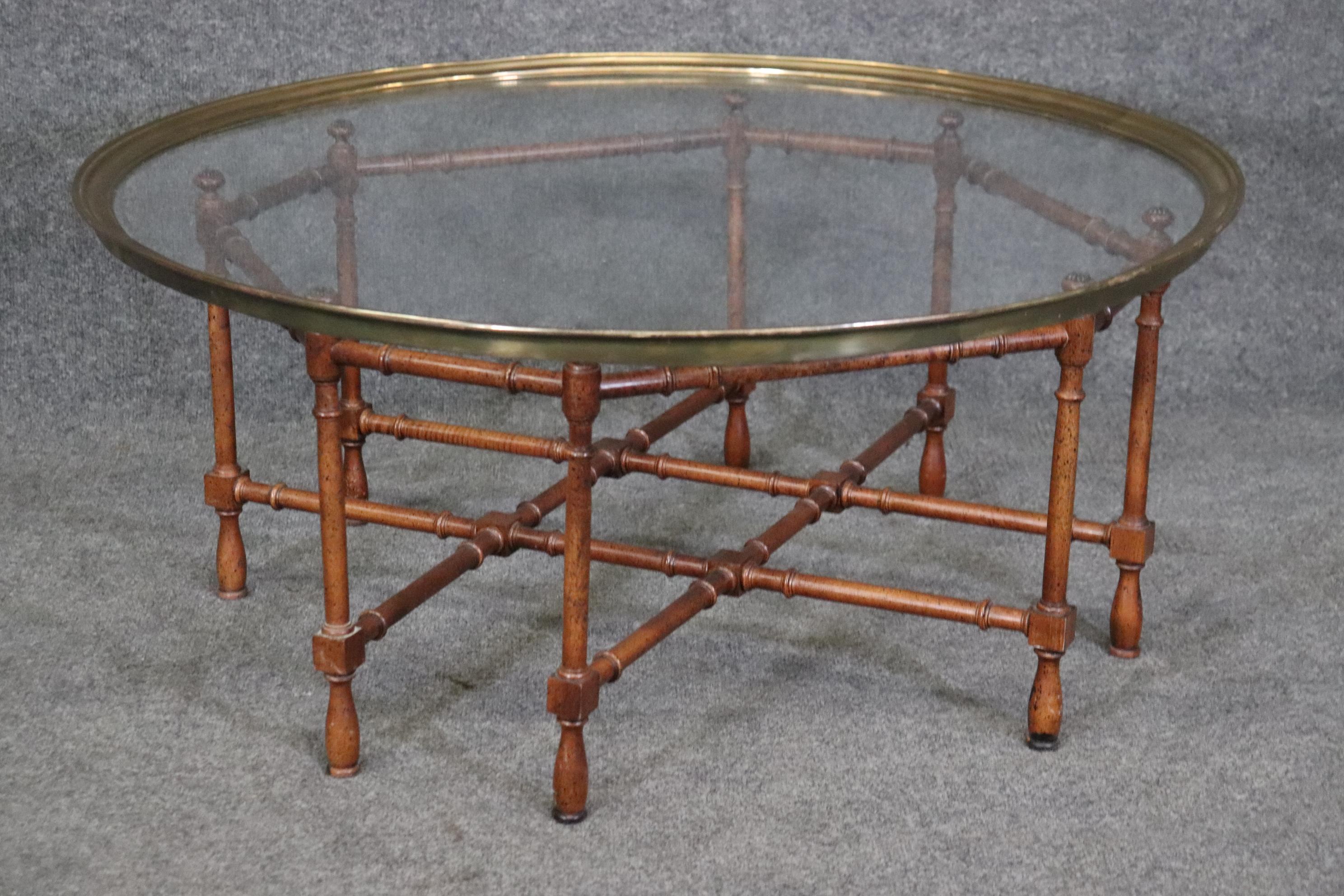 Campaign Faux Bamboo Baker Atrributed Brass and Glass Tray Top Coffee Table