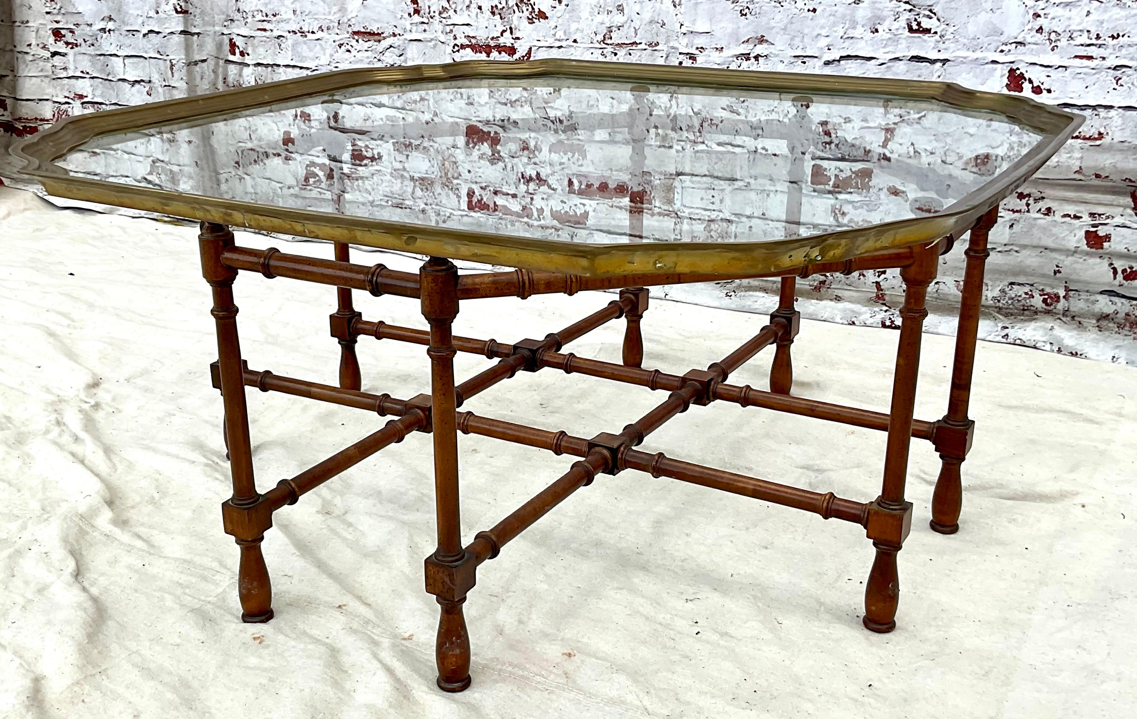 Faux Bamboo Baker Attributed Brass and Glass Tray Top Coffee Table 4