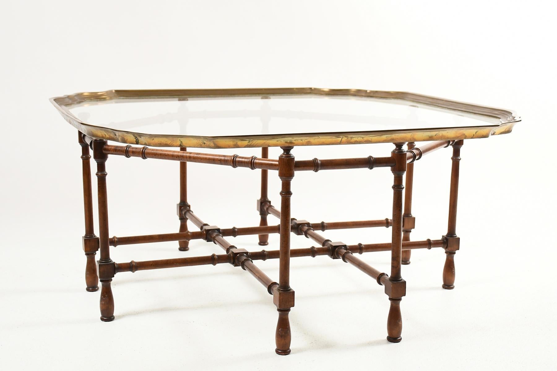American Faux Bamboo Baker Attributed Brass and Glass Tray Top Coffee Table