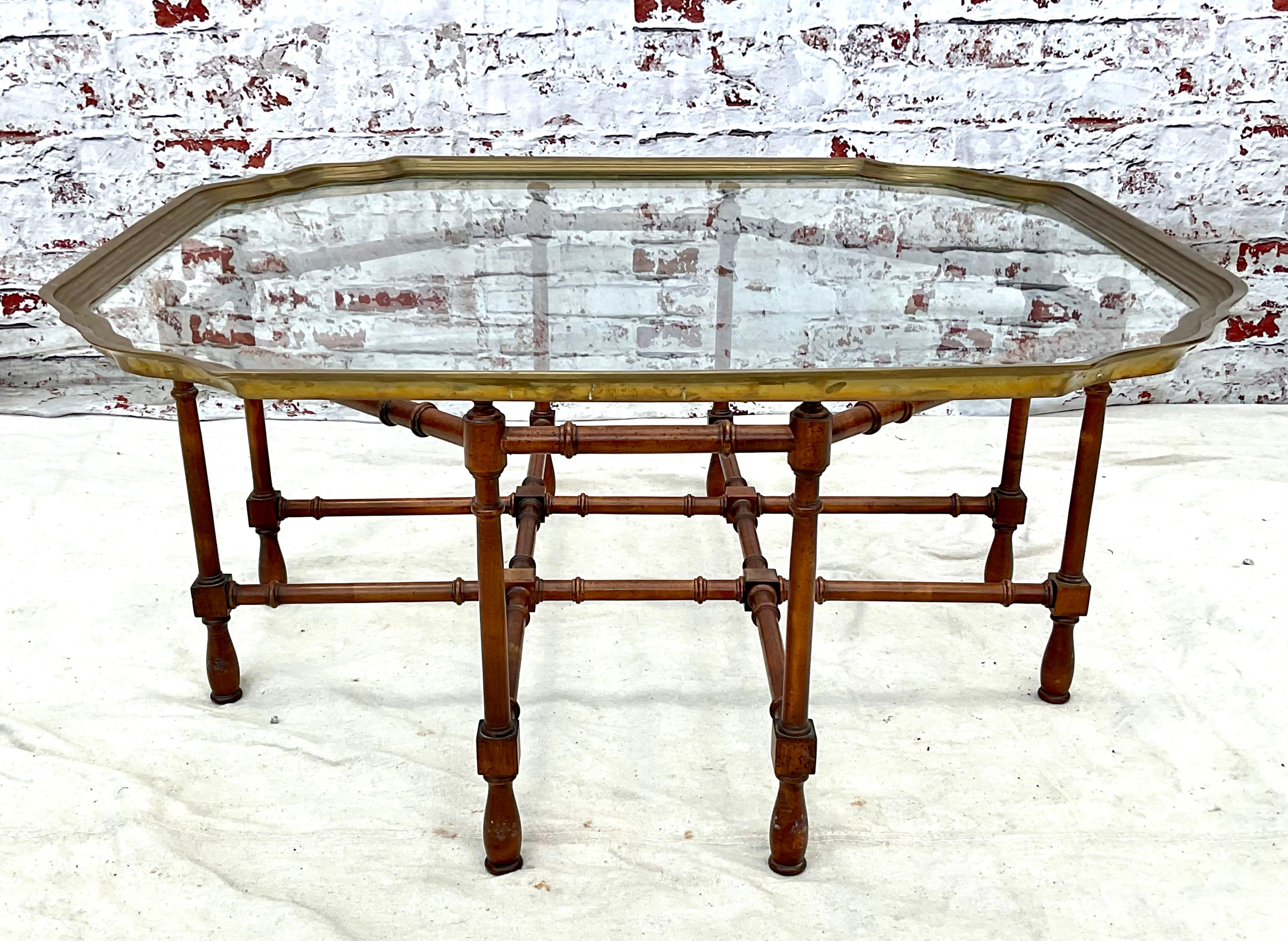 20th Century Faux Bamboo Baker Attributed Brass and Glass Tray Top Coffee Table