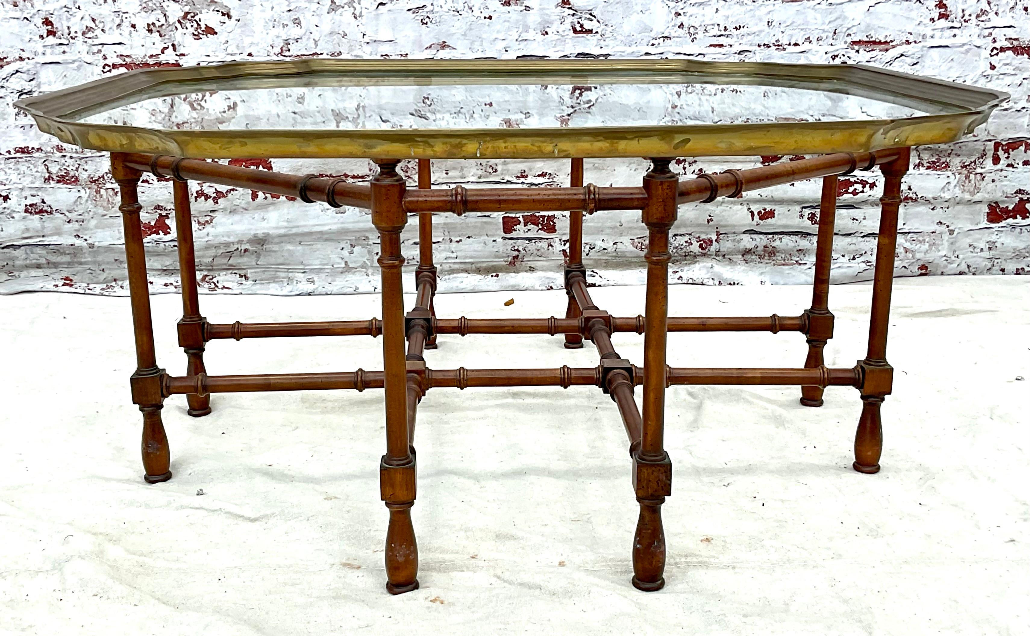 Faux Bamboo Baker Attributed Brass and Glass Tray Top Coffee Table 1