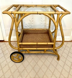 Faux Bamboo Bar Cart on Wheels with Bottom Woven Tray