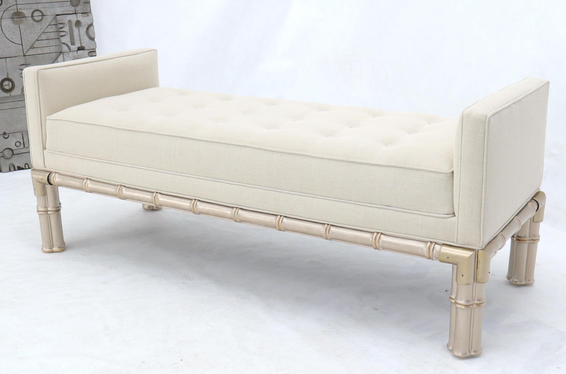 Mid-Century Modern silvered faux bamboo base tufted upholstery bench with upholstered side rails.