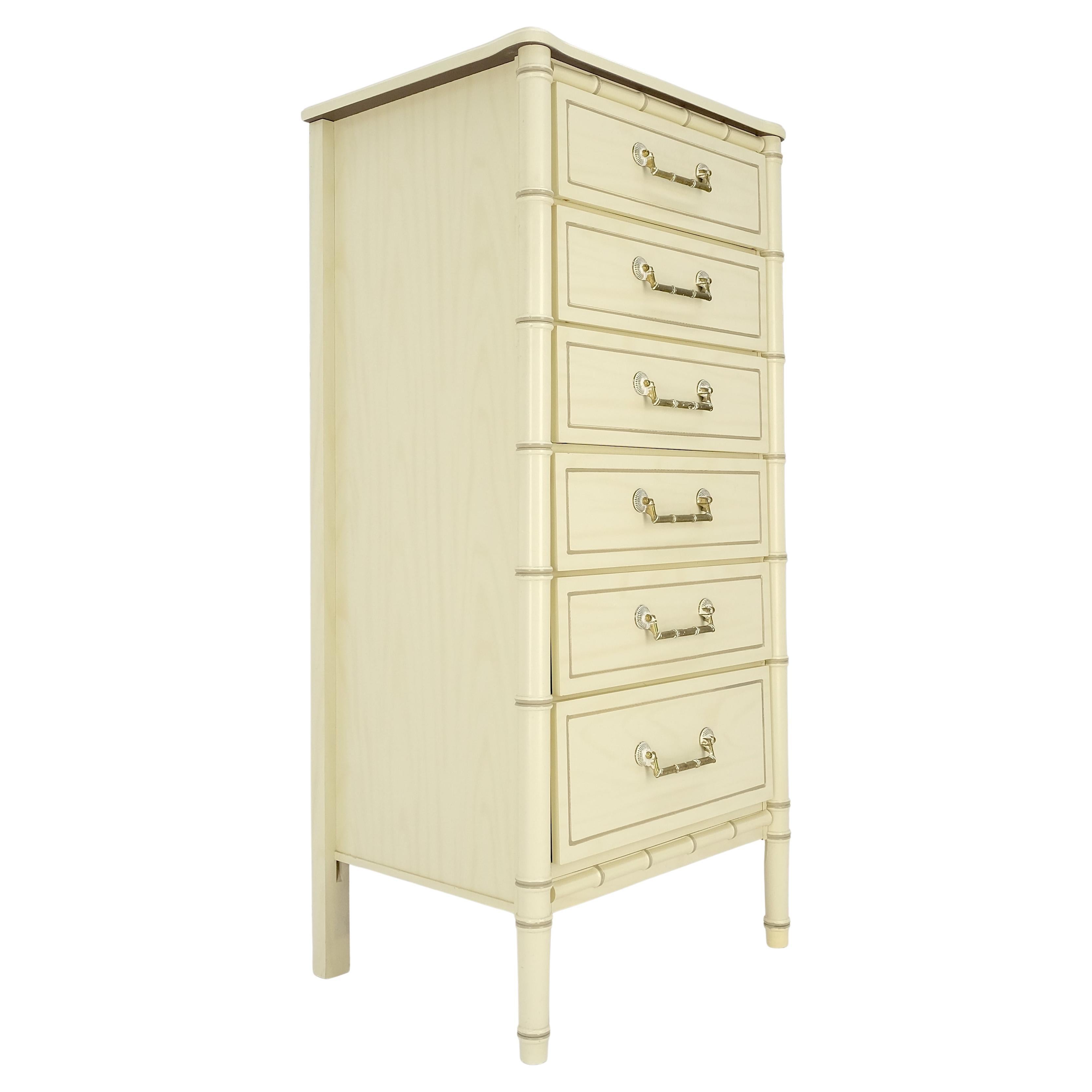 Faux Bamboo Beige White Lacquer 48" Tall 6 Drawer Lingerie Chest Dresser MINT!