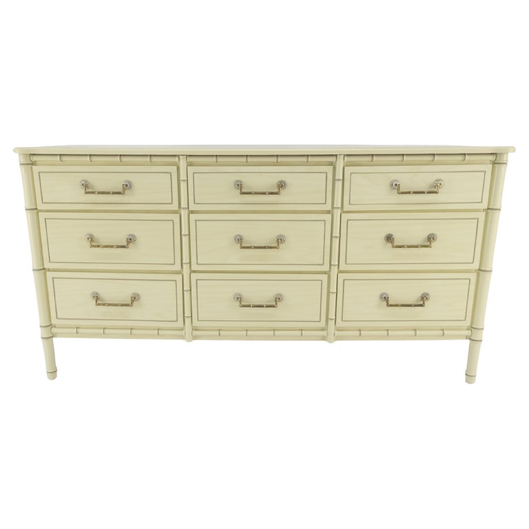 Faux Bamboo Beige White Lacquer 9 Drawers 65" Wide Dresser Credenza MINT!  For Sale at 1stDibs