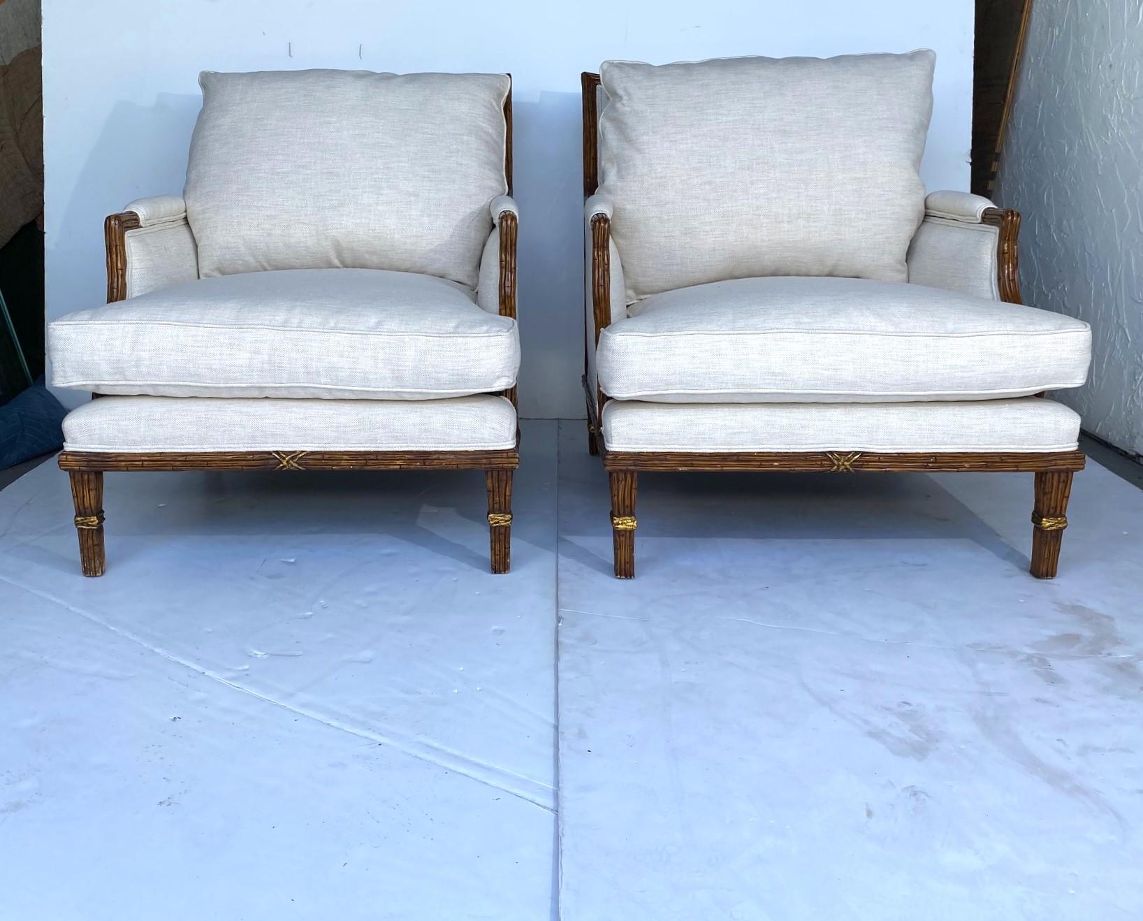 A pair of Italian faux-bamboo Bergere chairs. New upholstery.  