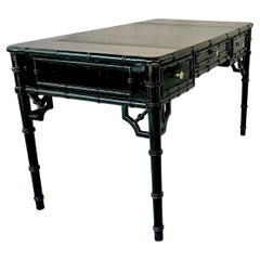 Faux Bamboo Black Lacquered Writing Desk, James Mont Style