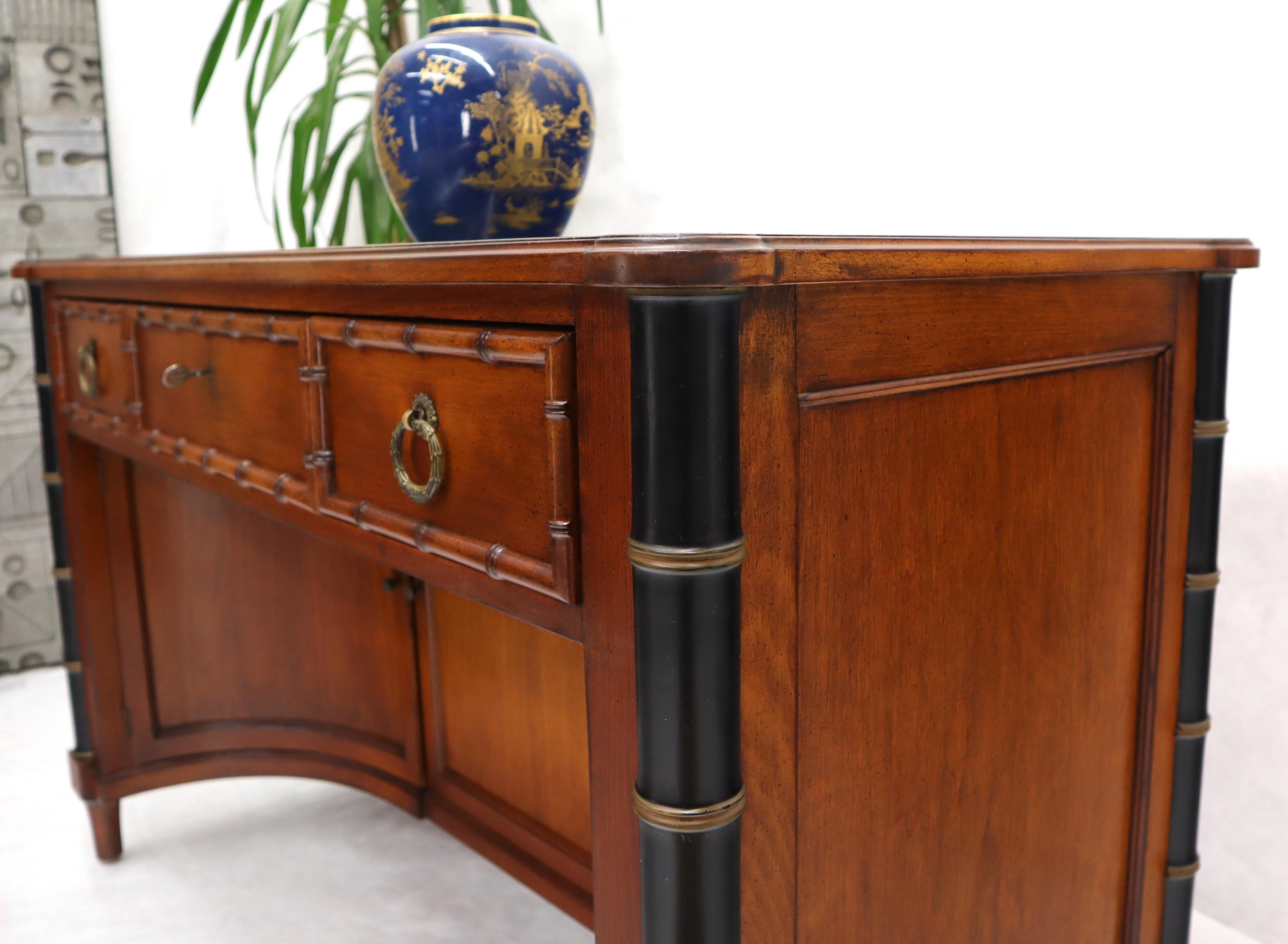 Faux Bamboo Black Leather Top Mahogany Desk with Curved Bottom Doors Compartment For Sale 3
