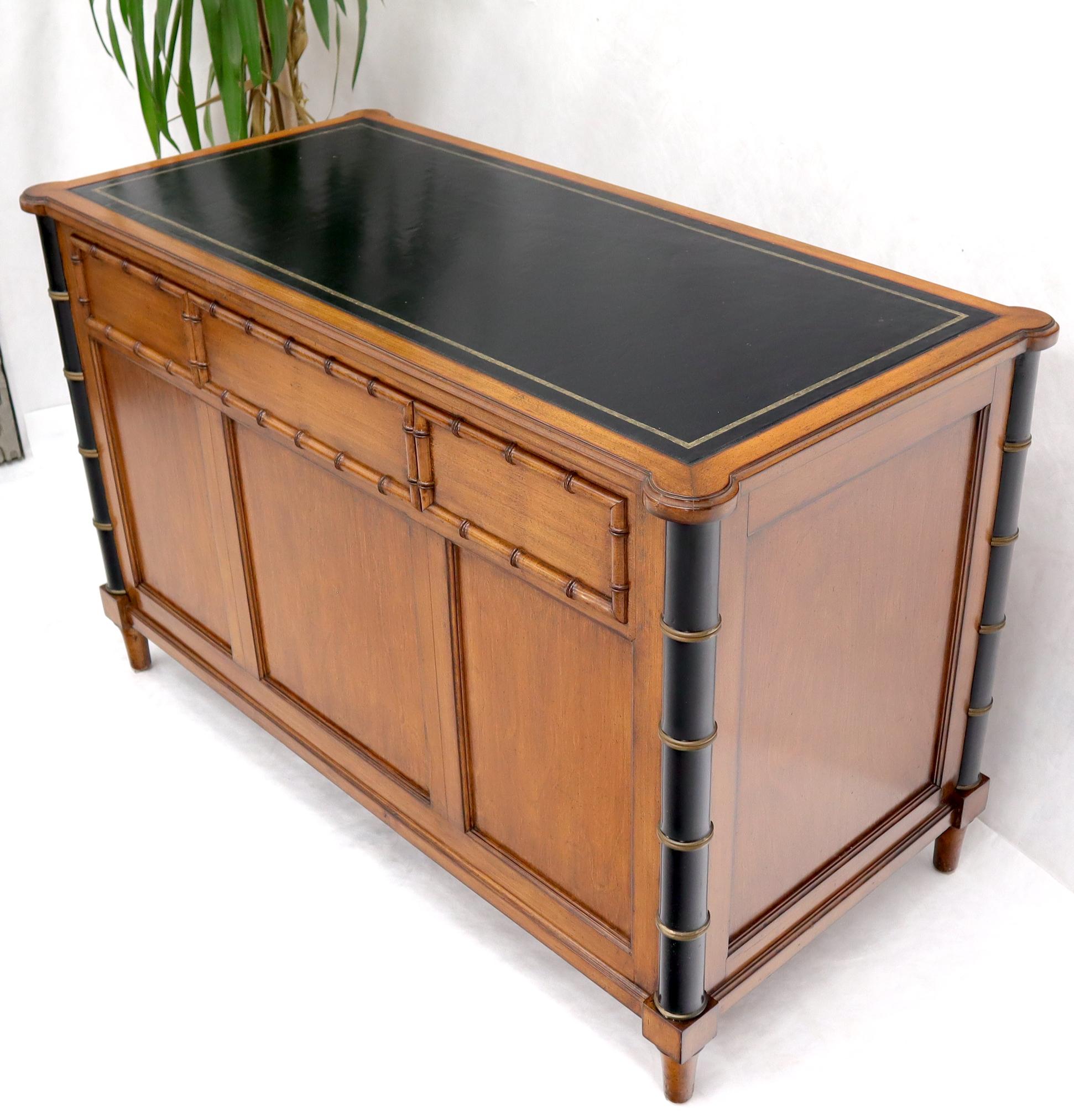 Faux Bamboo Black Leather Top Mahogany Desk with Curved Bottom Doors Compartment For Sale 7
