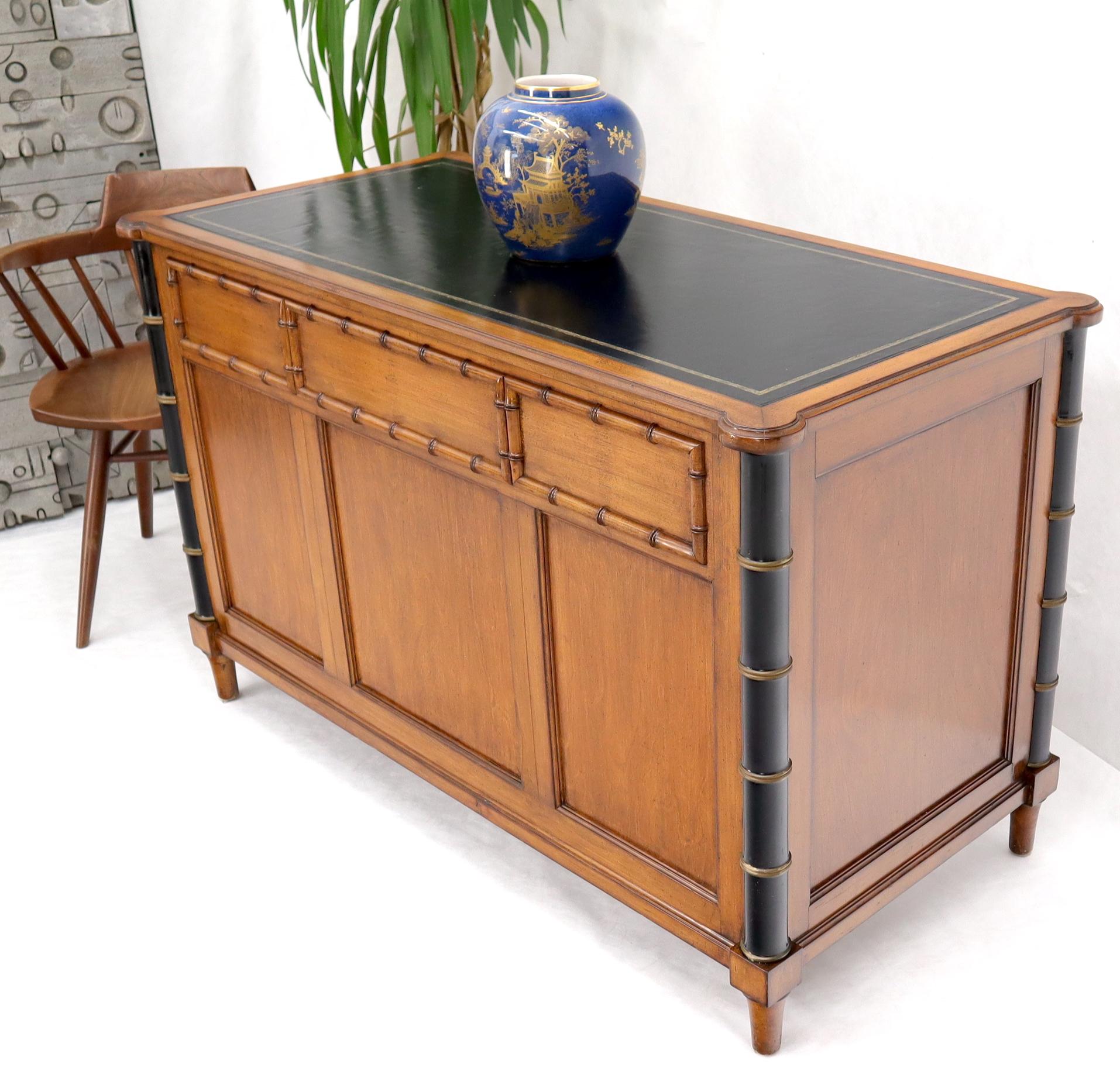 Faux Bamboo Black Leather Top Mahogany Desk with Curved Bottom Doors Compartment For Sale 8