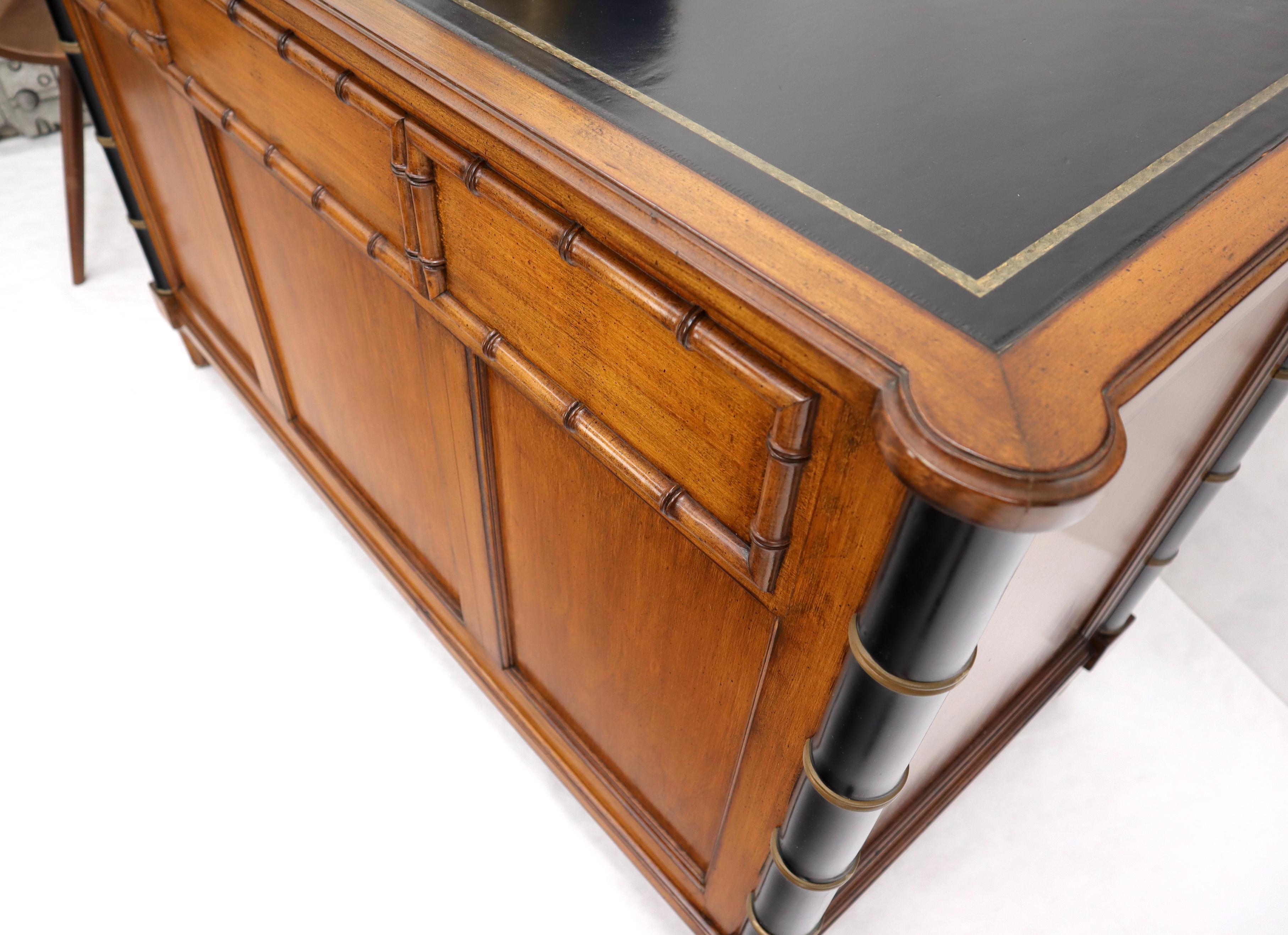 Faux Bamboo Black Leather Top Mahogany Desk with Curved Bottom Doors Compartment For Sale 10