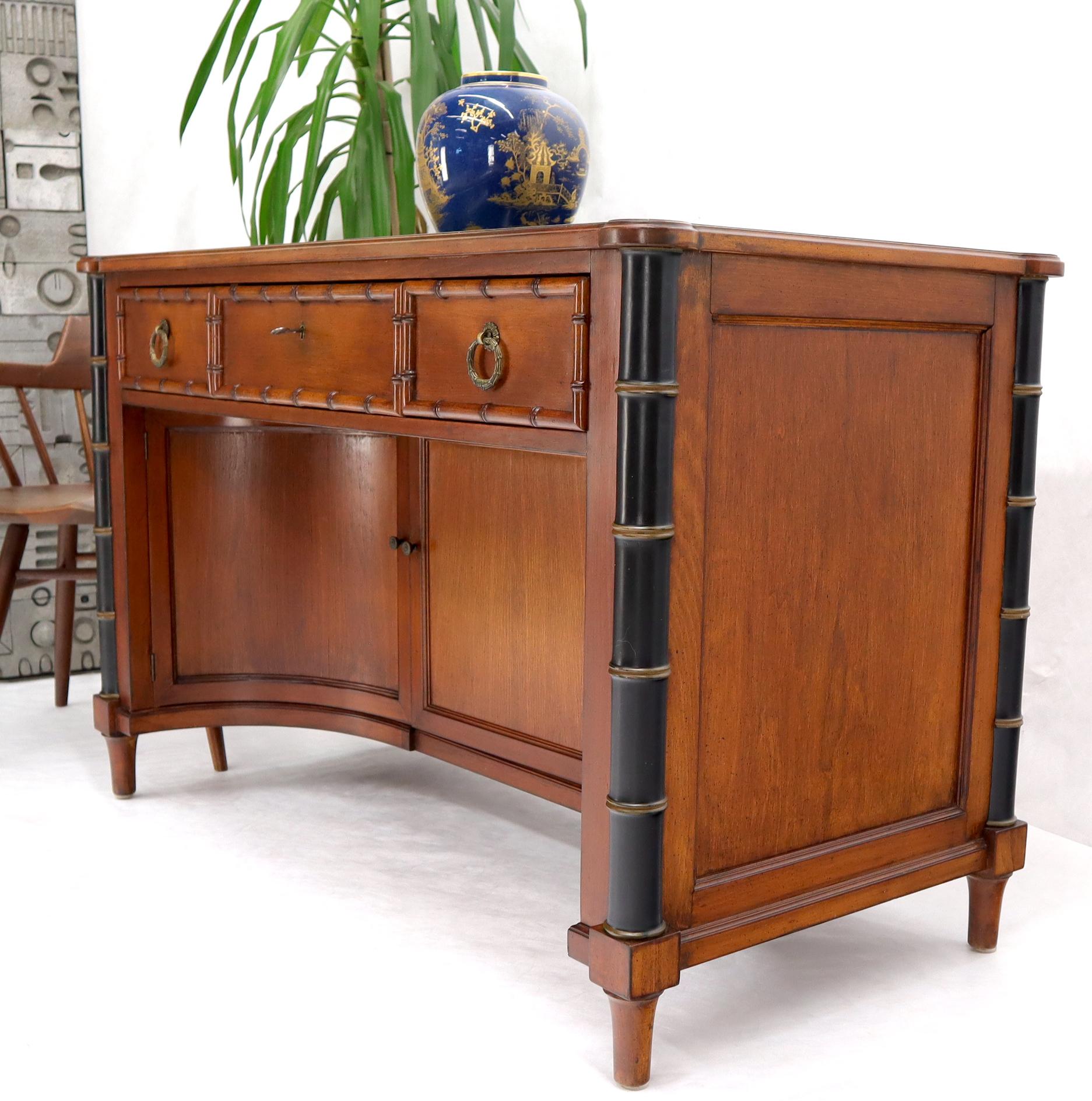 American Faux Bamboo Black Leather Top Mahogany Desk with Curved Bottom Doors Compartment For Sale