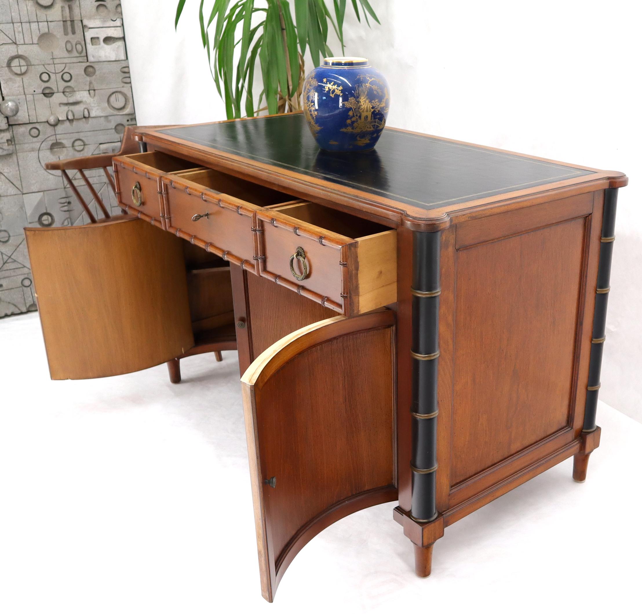 Faux Bamboo Black Leather Top Mahogany Desk with Curved Bottom Doors Compartment In Good Condition For Sale In Rockaway, NJ
