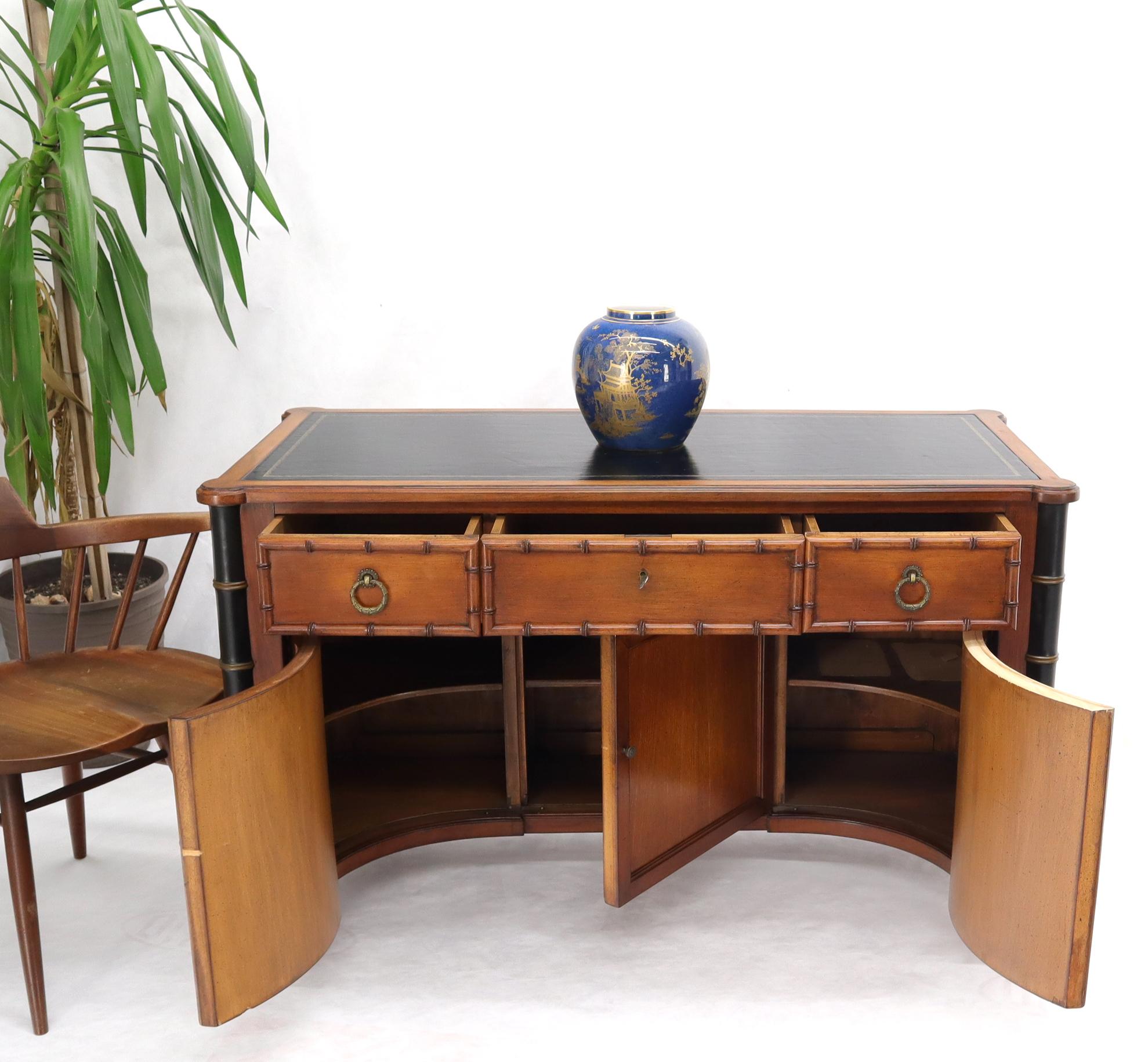 20th Century Faux Bamboo Black Leather Top Mahogany Desk with Curved Bottom Doors Compartment For Sale