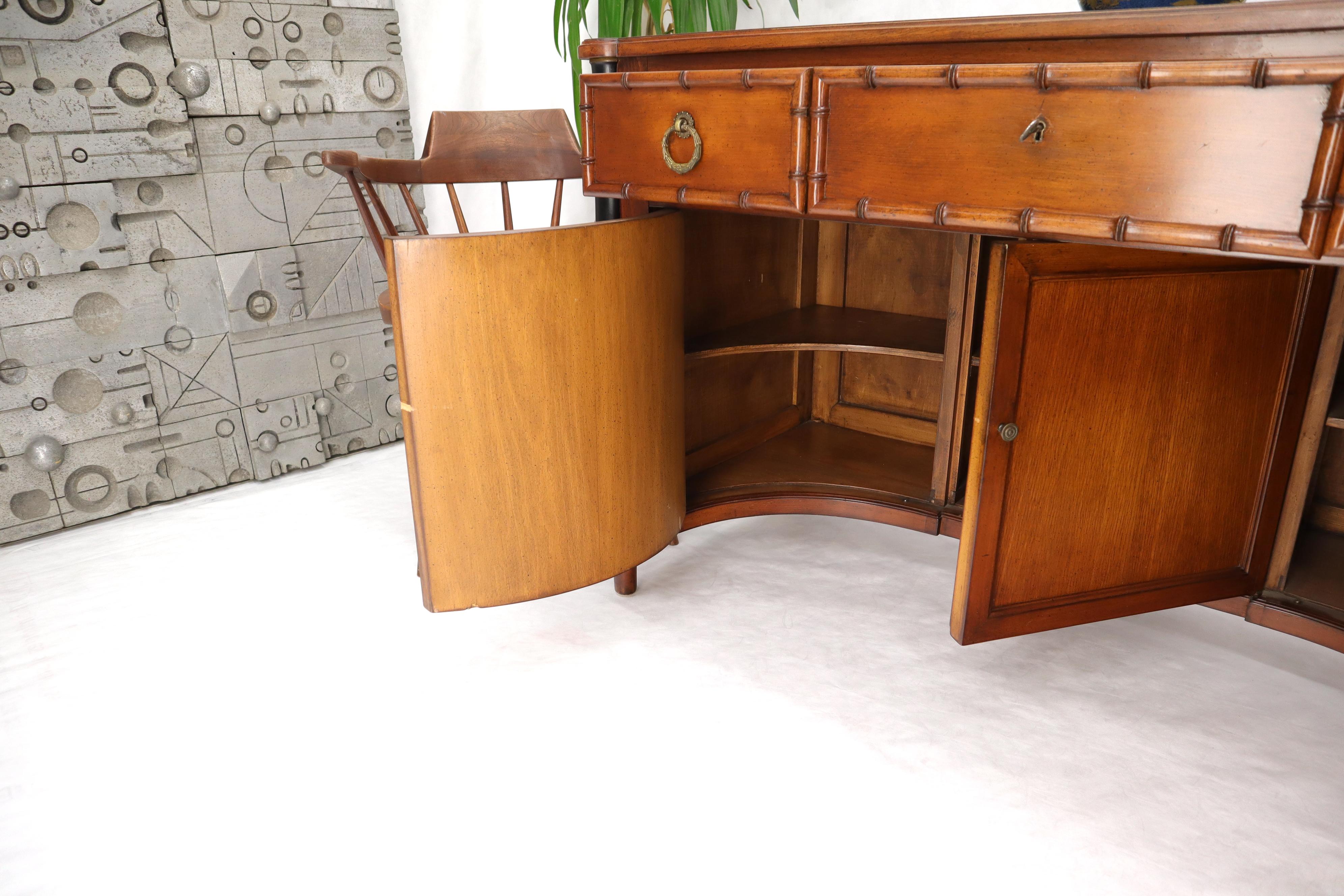 Faux Bamboo Black Leather Top Mahogany Desk with Curved Bottom Doors Compartment For Sale 1