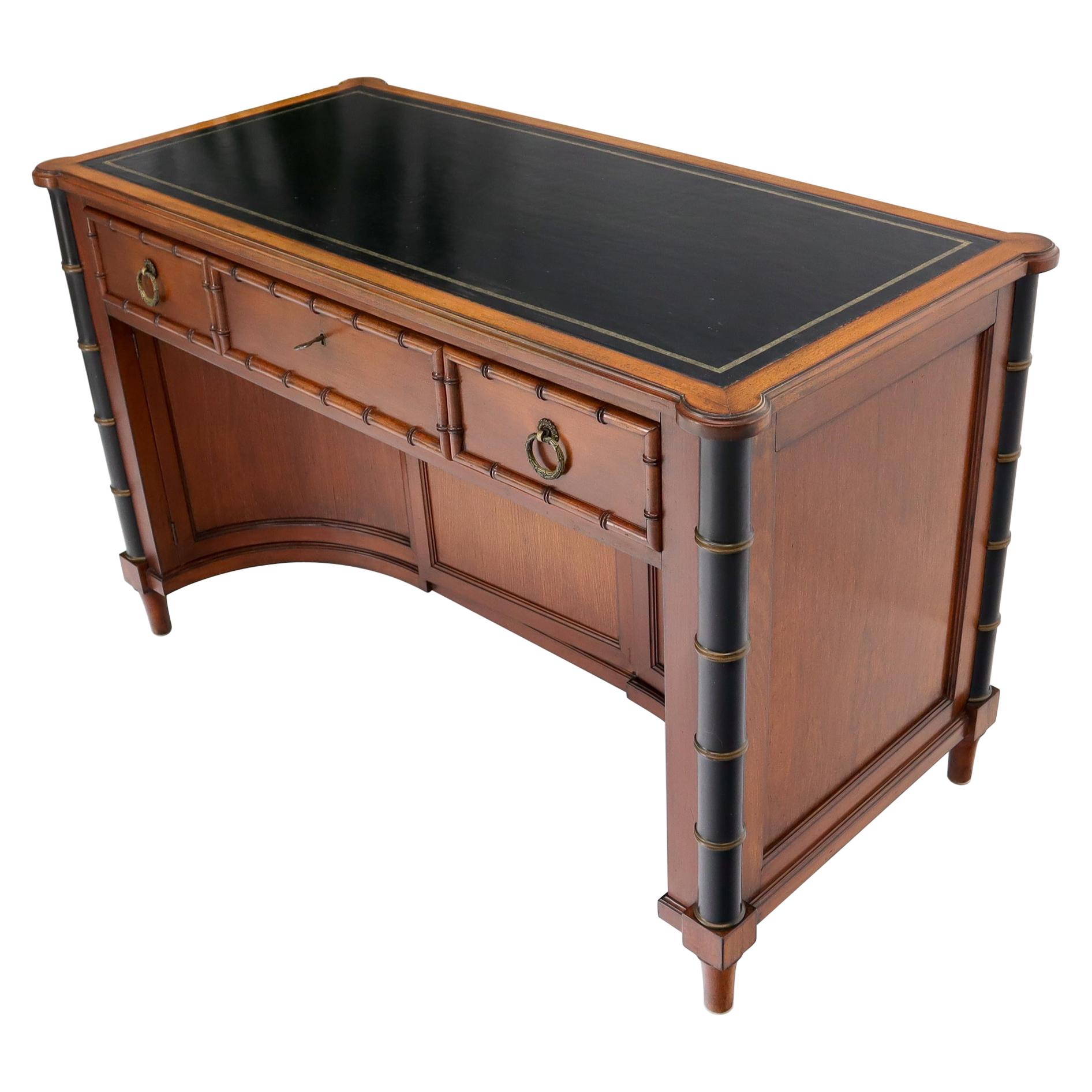 Faux Bamboo Black Leather Top Mahogany Desk with Curved Bottom Doors Compartment For Sale