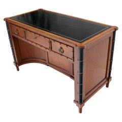 Vintage Faux Bamboo Black Leather Top Mahogany Desk with Curved Bottom Doors Compartment