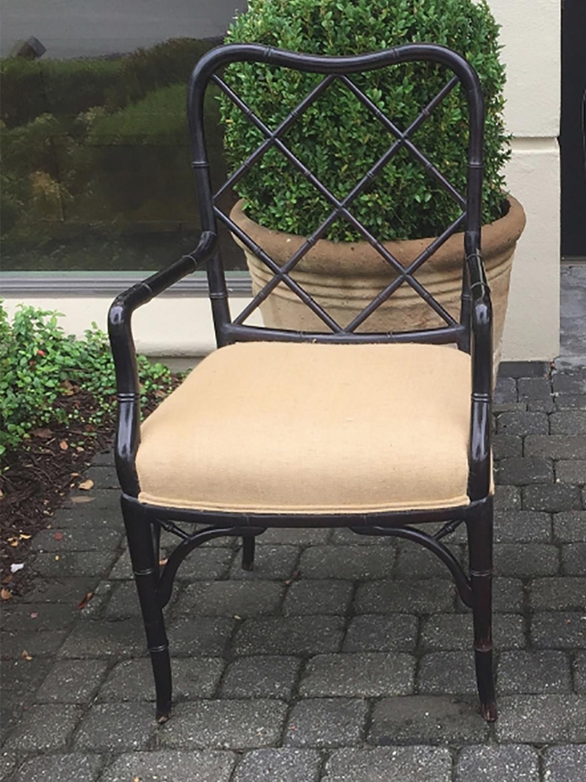 Faux bamboo black painted armchair, circa 1940-1950s
Great scale, comfortable
Measures: 23