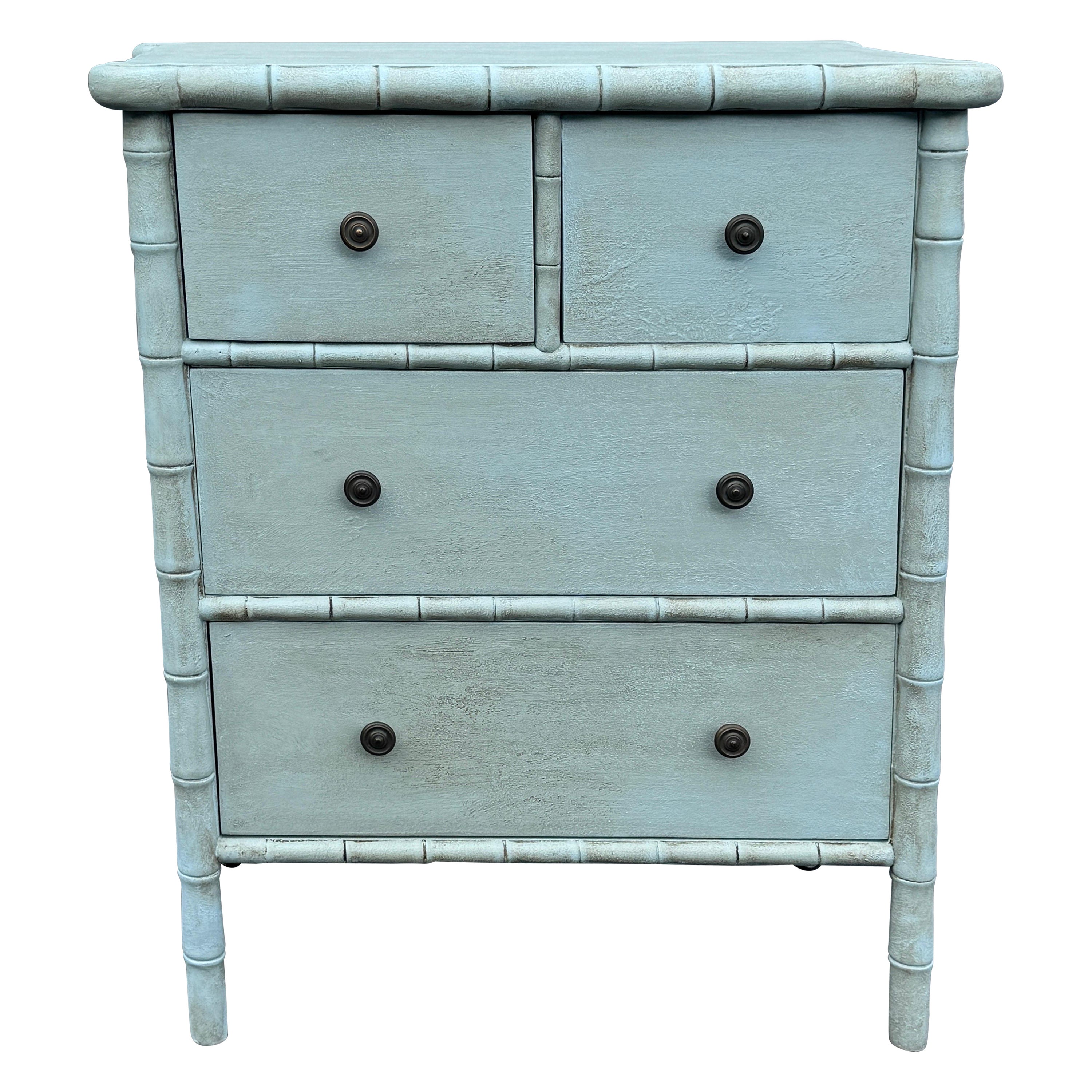 Faux Bamboo Blue Painted Four Drawer Chest of Drawers For Sale