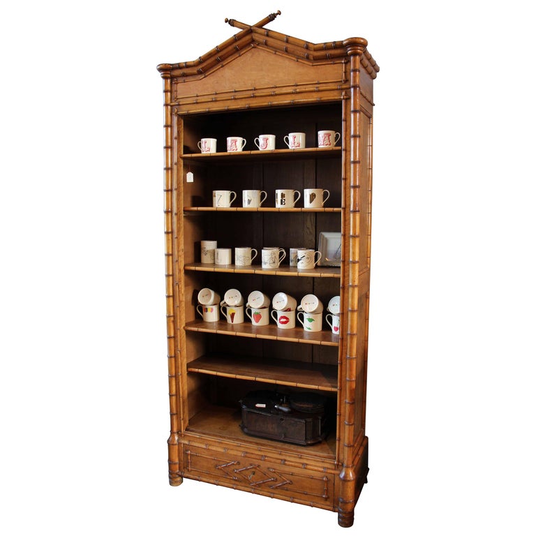 "faux-bamboo" French, Napolean III, Wooden, Bookcase, in Brown, Storage Cabinet For Sale