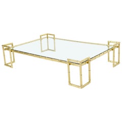 Faux Bamboo Brass and Glass Top Large Rectangle Coffee Table