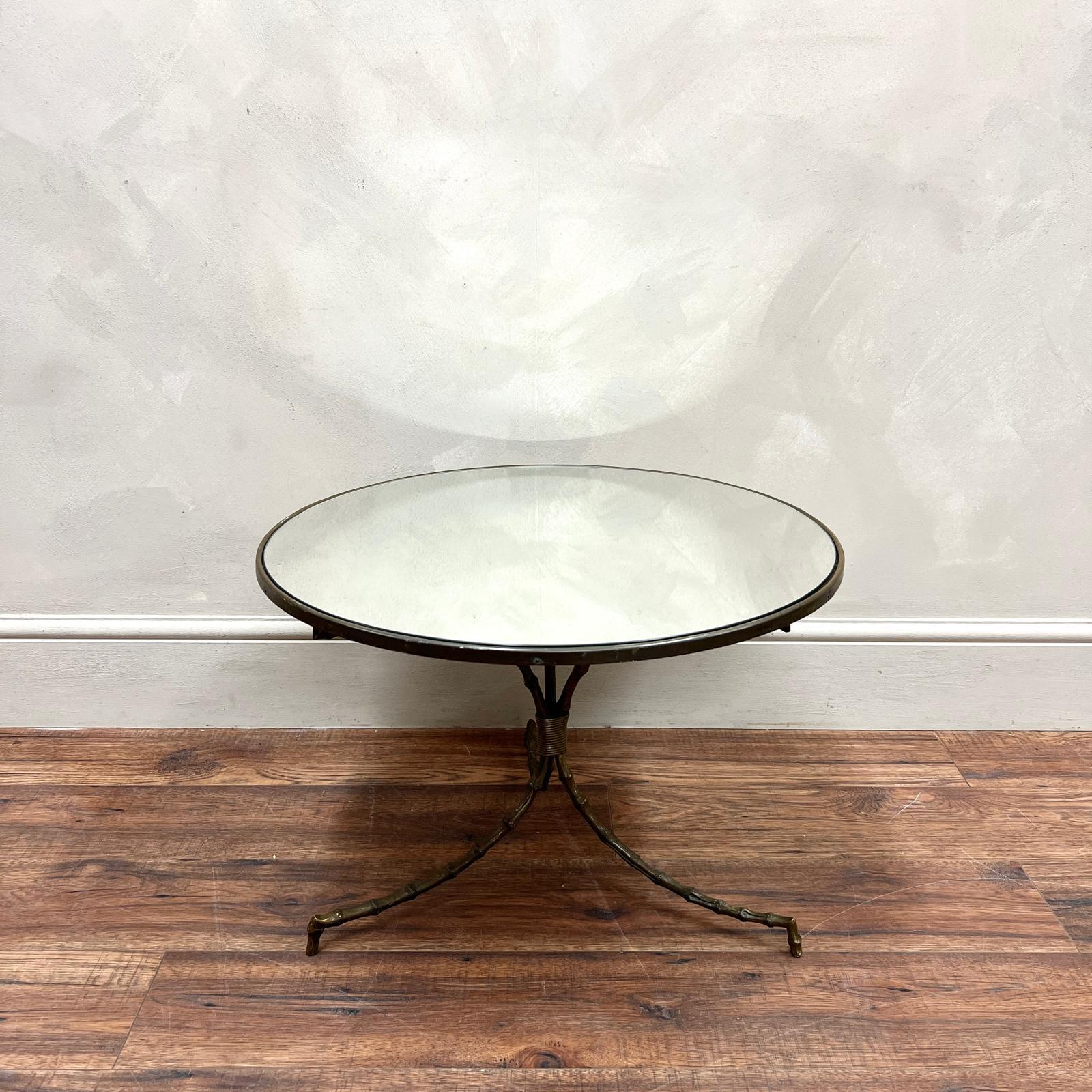 French Faux Bamboo Brass and Mirror Large Coffee Table Maison Jansen