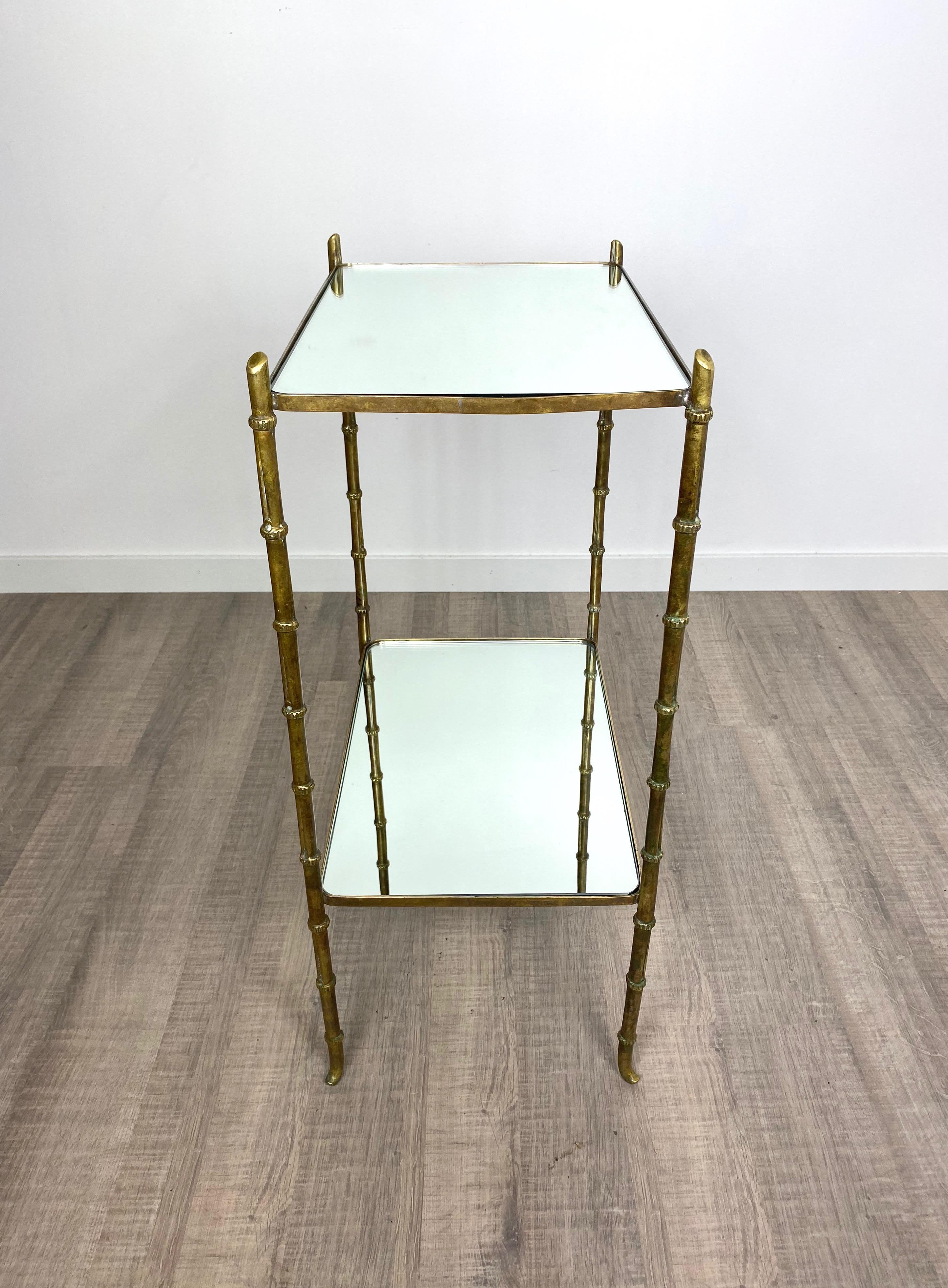 Faux Bamboo Brass and Mirror Side Table by Maison Bagues, France, 1950s In Fair Condition In Rome, IT
