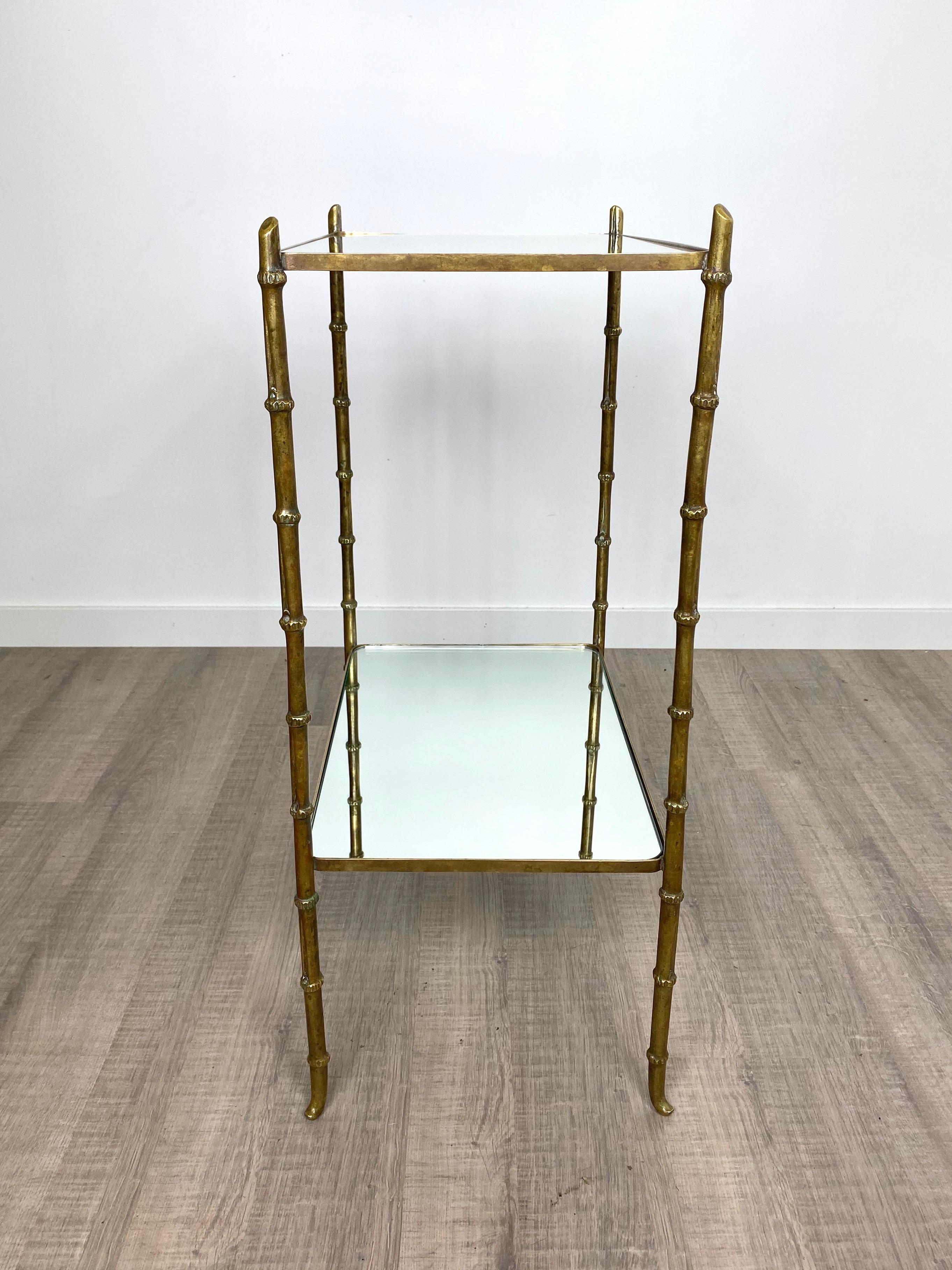 Mid-20th Century Faux Bamboo Brass and Mirror Side Table by Maison Bagues, France, 1950s
